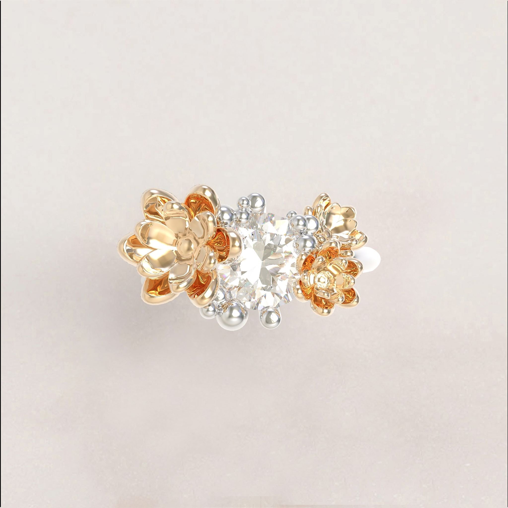 Two-toned Flowers Engagement Ring No.14 in White Gold Band/Yellow Gold Flowers - Moissanite/Diamond