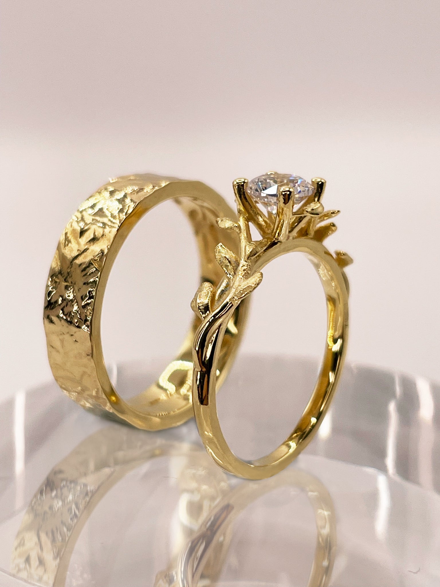 Unique Leaves Matching Wedding Ring Set for Couples (2 pieces) - Moissanite Engagement Ring/ Gold Leaves Ring