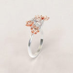 Two-toned Flowers Engagement Ring No.14 in White Gold Band/Rose Gold Flowers - Moissanite/Diamond
