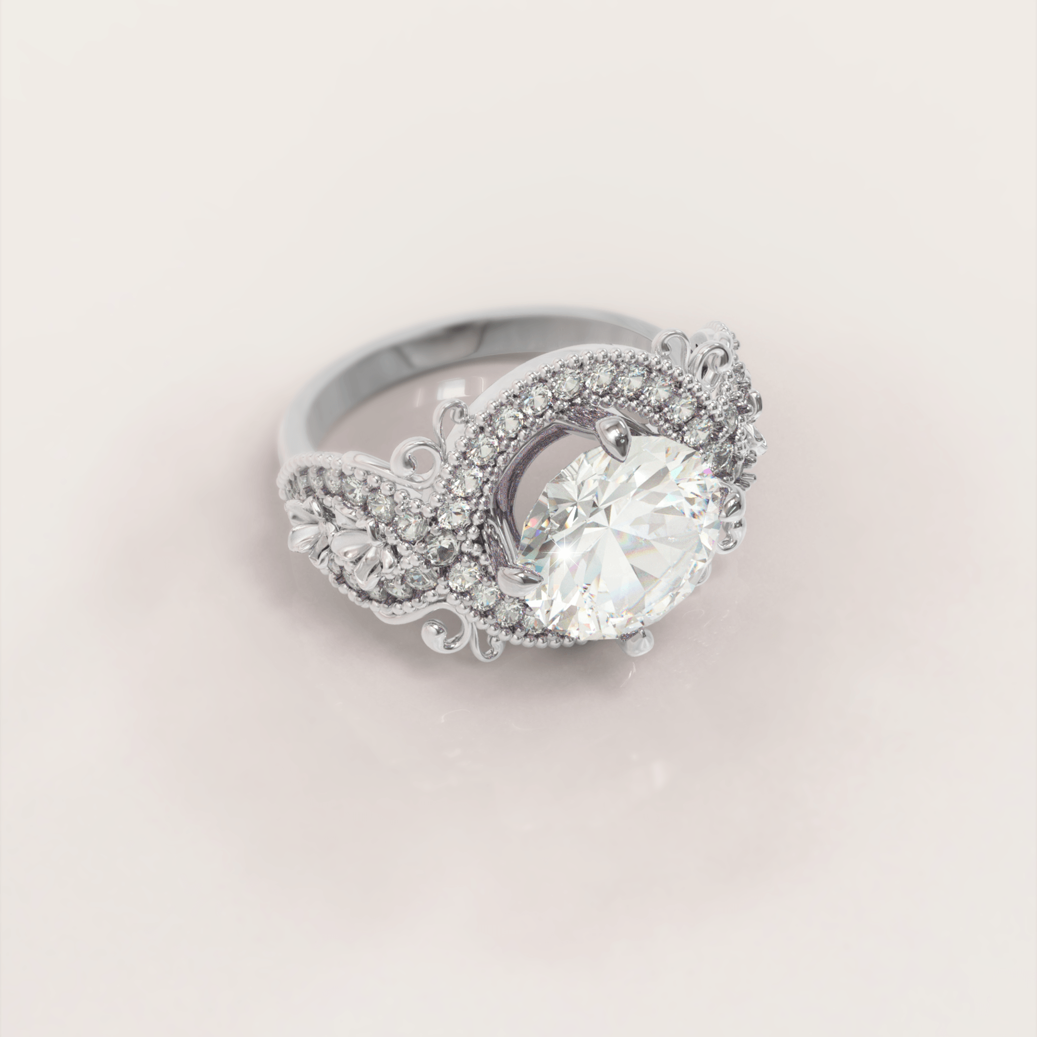 Art Deco Majestic Nature Engagement Ring No.42 in White Gold - Moissanite/Topaz - Roelavi