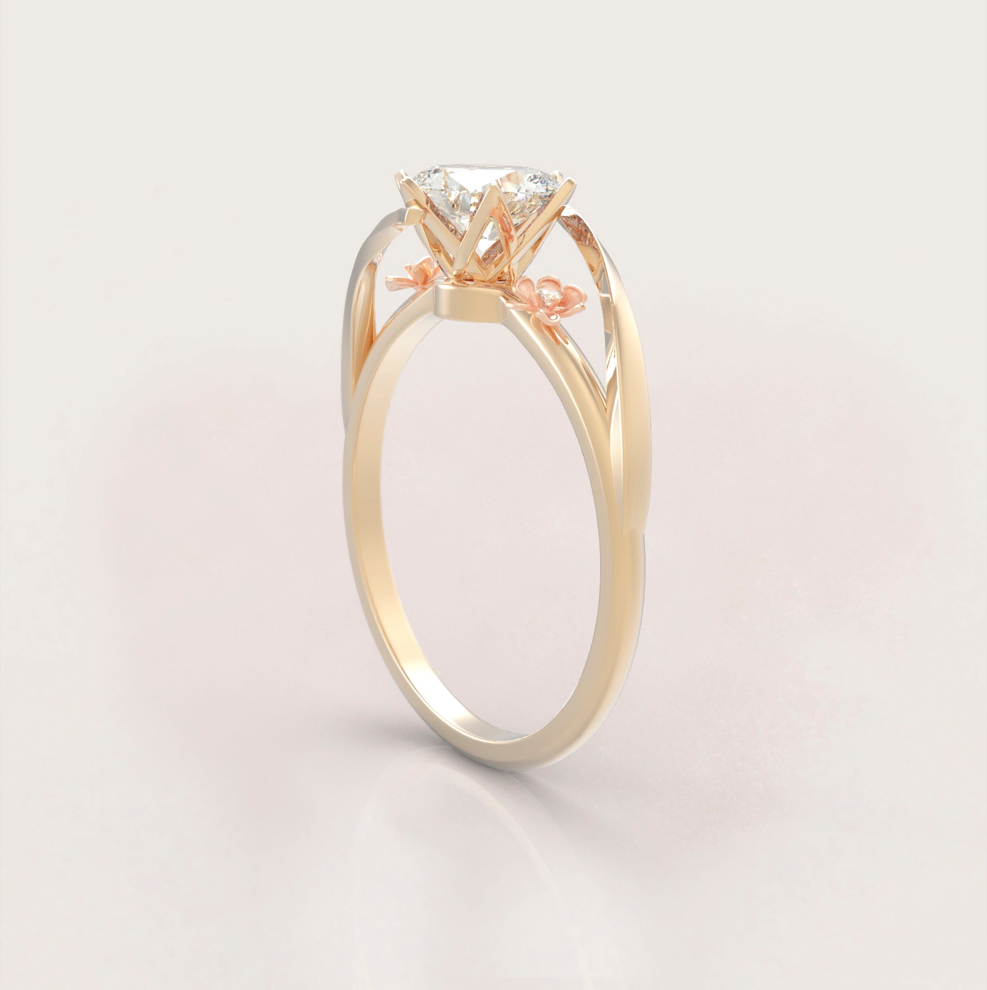 Rhombus Flowers Engagement Ring No.46 in Yellow Band/Rose Flowers Gold - Moissanite/Diamond