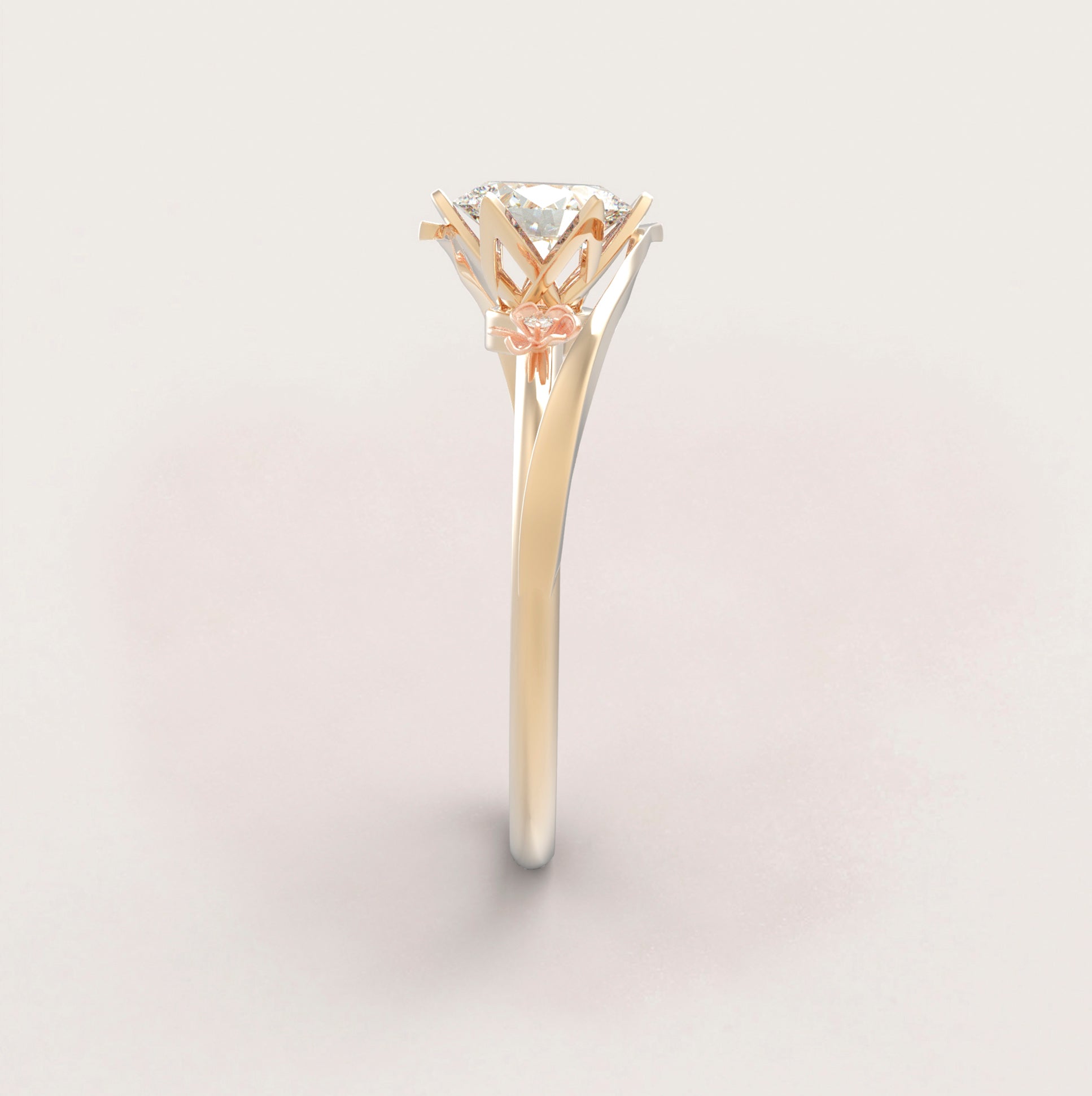 Rhombus Flowers Engagement Ring No.46 in Yellow Band/Rose Flowers Gold - Moissanite/Diamond
