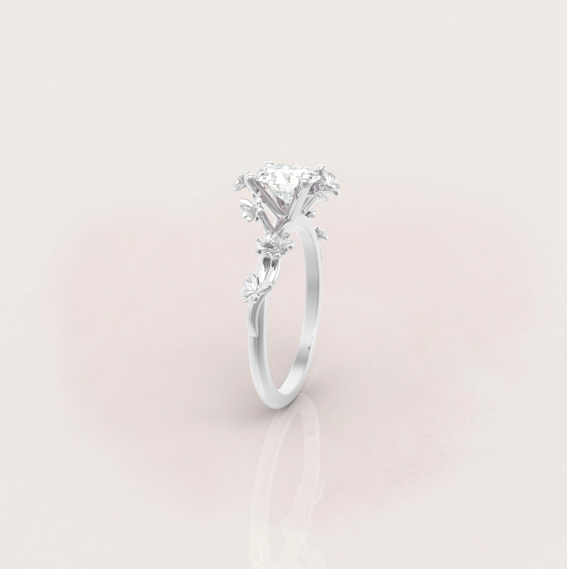 Unique Butterflies Engagement Ring No.72 in White Gold - Moissanite/Diamond - Roelavi