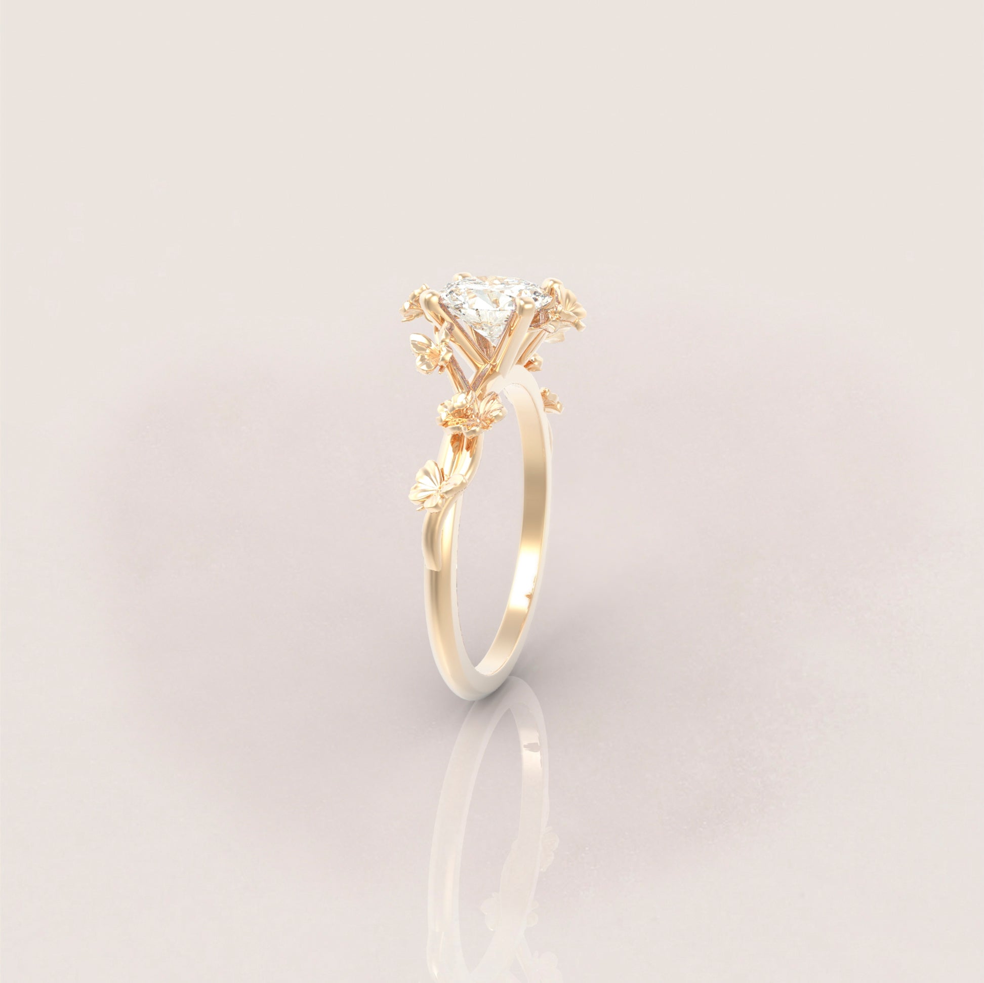 Unique Butterflies Engagement Ring No.72 in Yellow Gold - Moissanite/Diamond - Roelavi