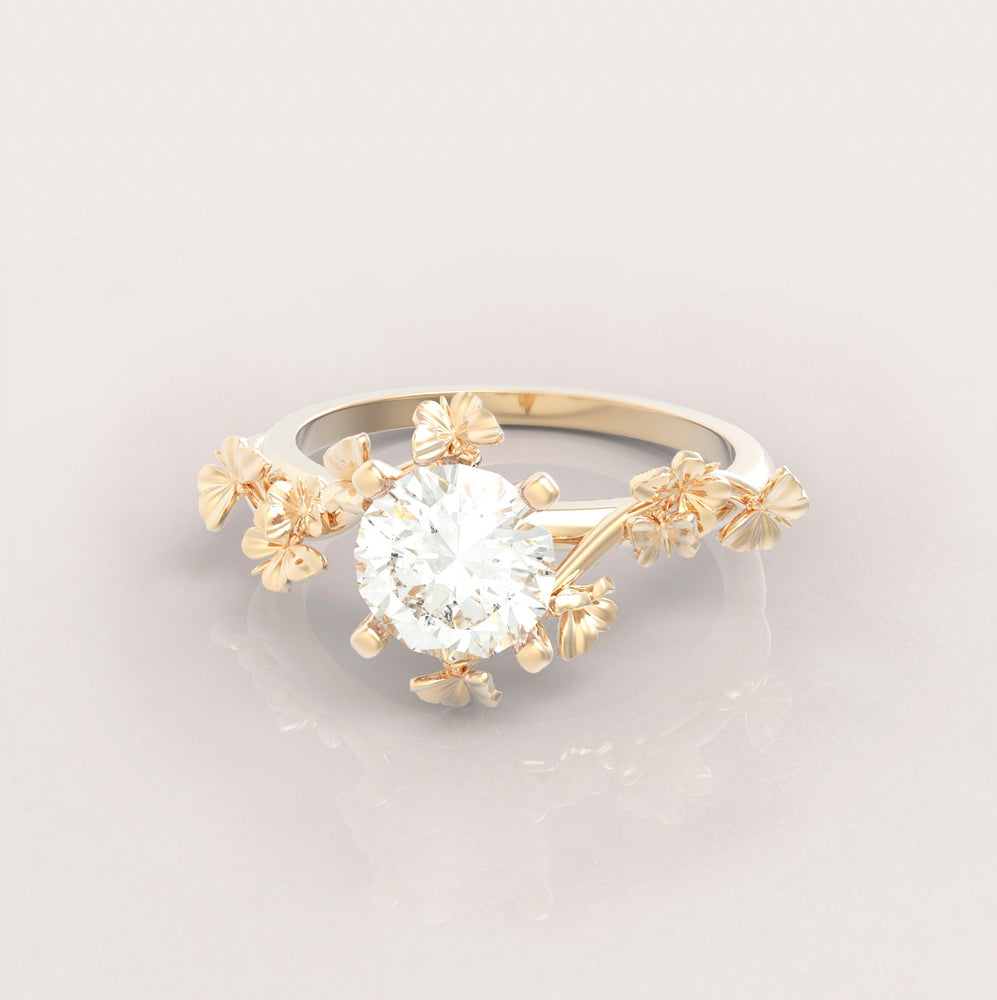 Unique Butterflies Engagement Ring No.72 in Yellow Gold - Moissanite/Diamond