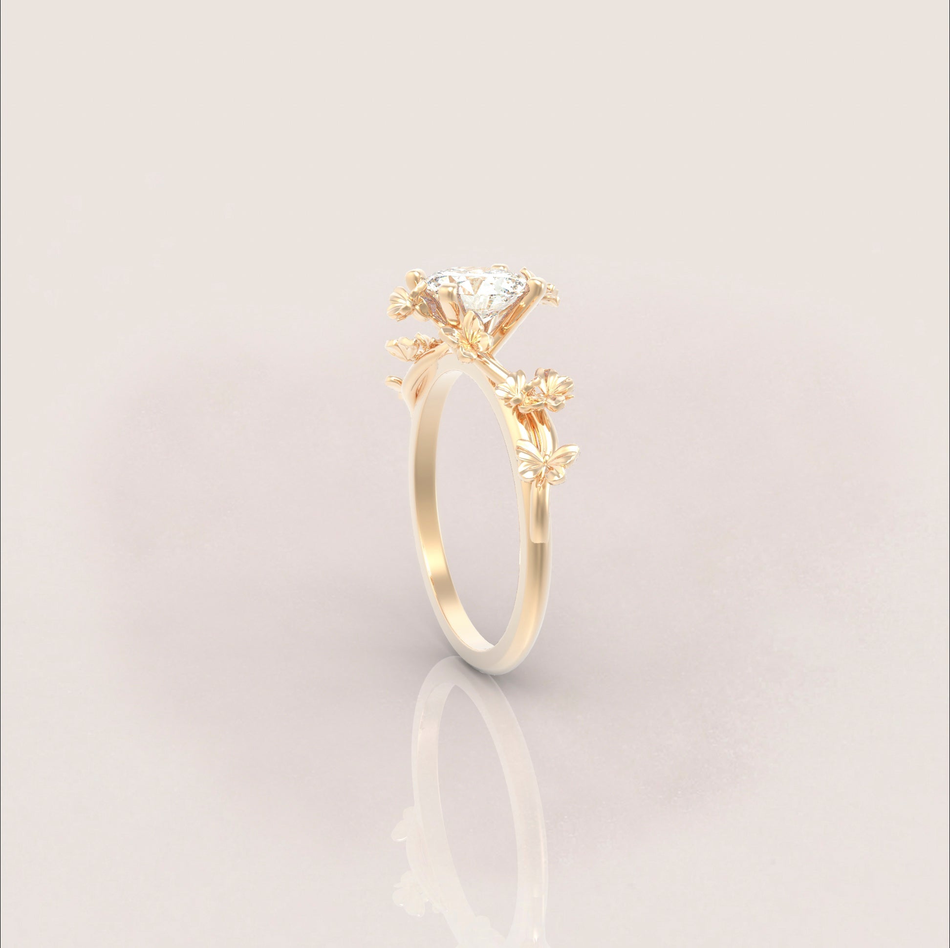 Unique Butterflies Engagement Ring No.72 in Yellow Gold - Moissanite/Diamond - Roelavi