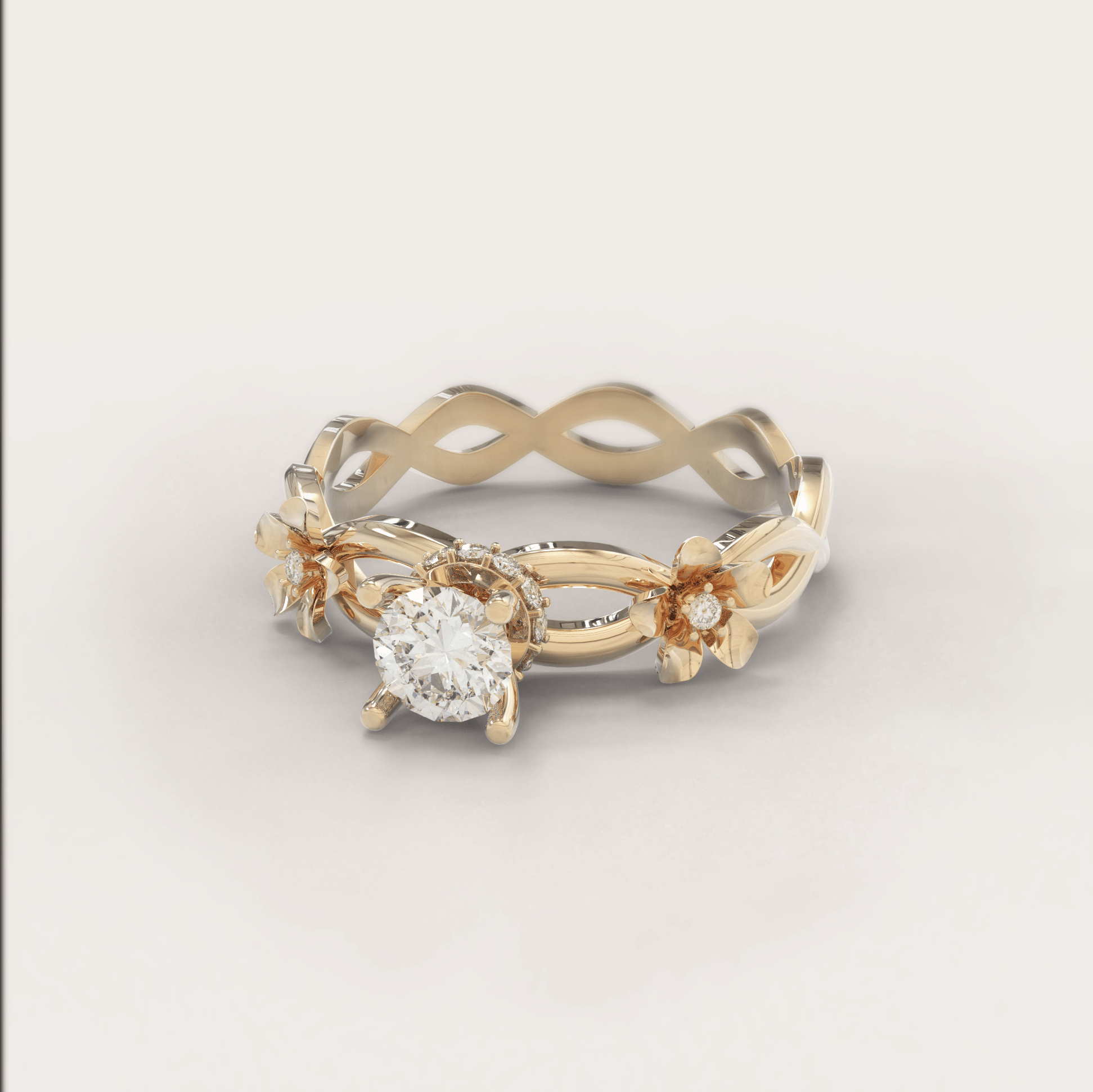 Unique Cherry Blossom Ring No.8 in Yellow Gold - Moissanite/Diamond - Roelavi