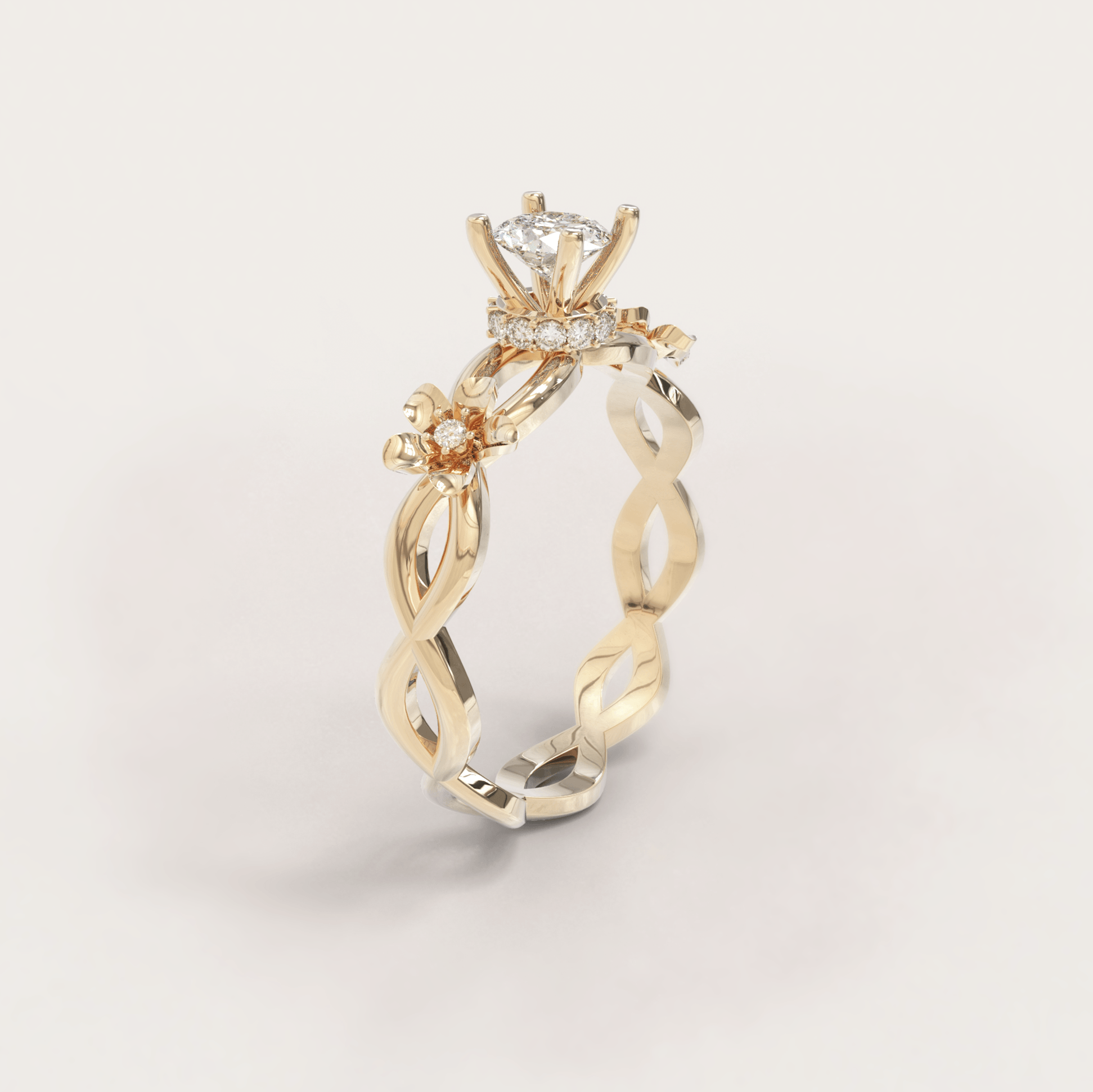 Unique Cherry Blossom Ring No.8 in Yellow Gold - Moissanite/Diamond - Roelavi