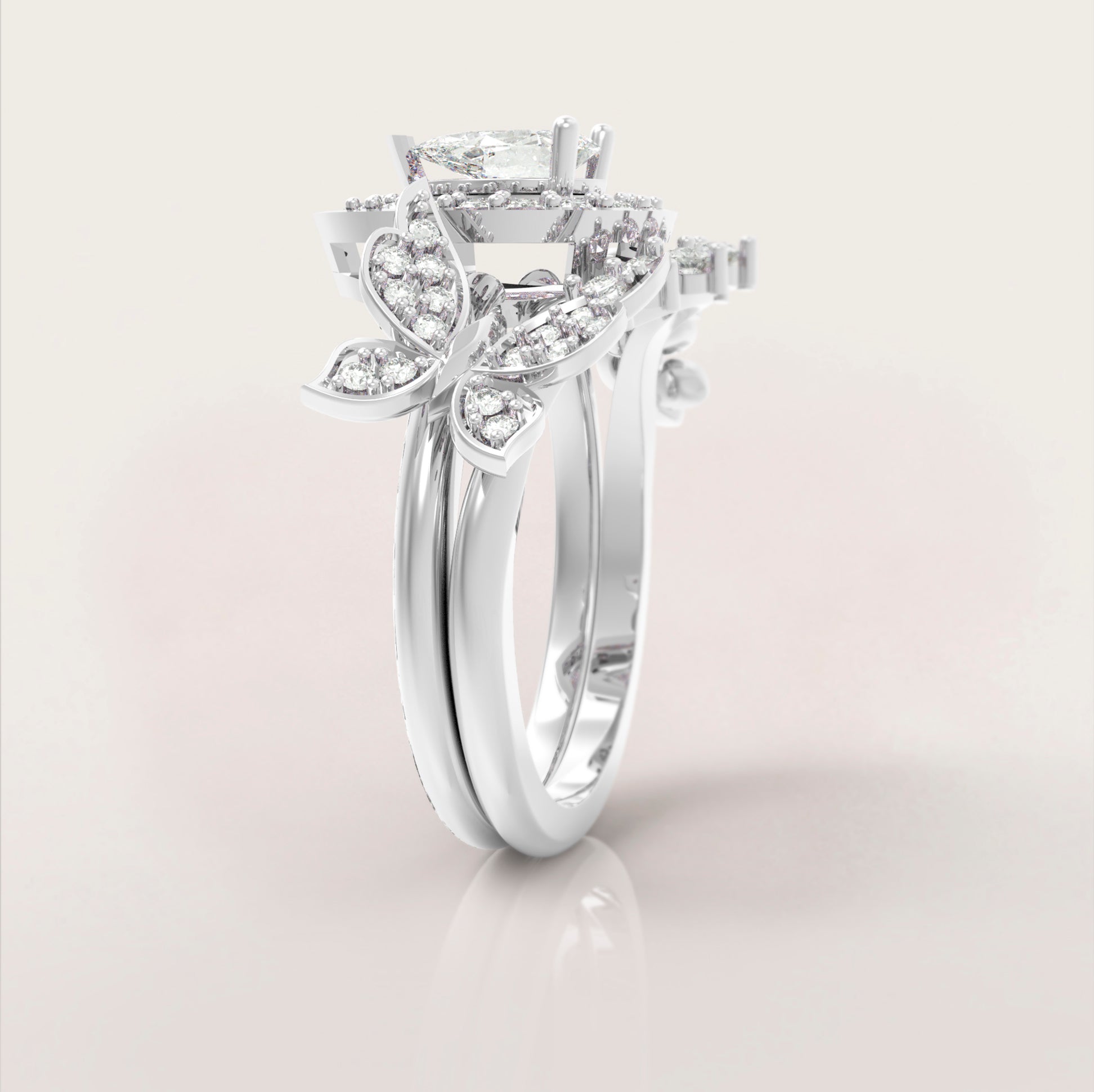 Unique Fancy Butterfly Engagement Ring Set No.2 in White Gold - Diamond/Moissanite - Roelavi