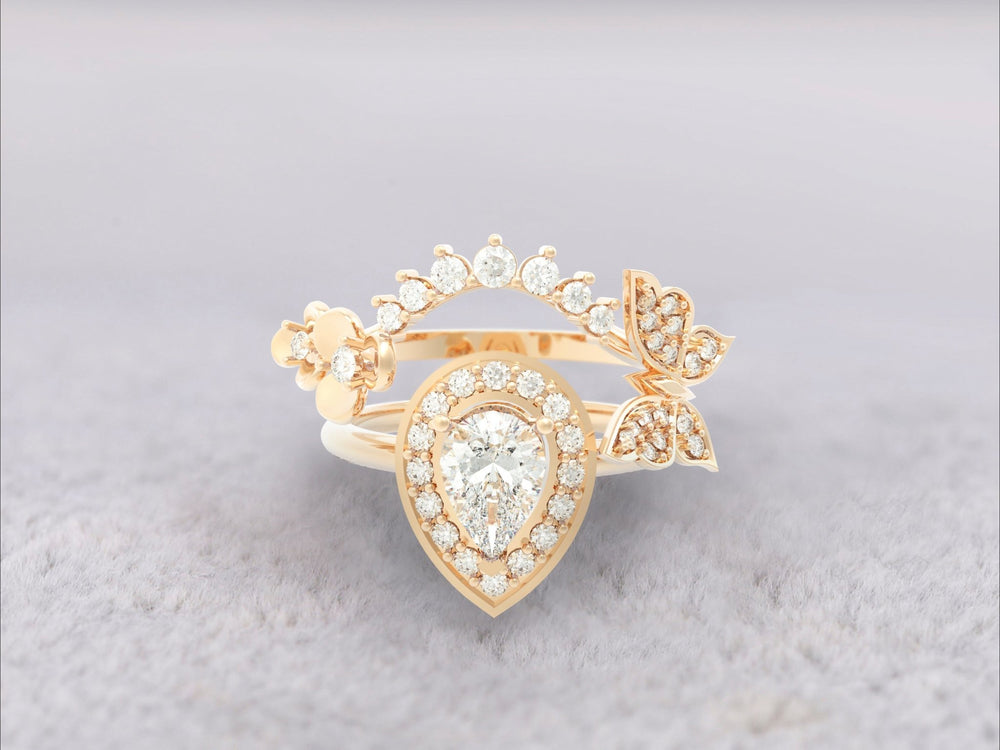 Unique Fancy Butterfly Engagement Ring Set No.2 in Yellow Gold - Diamond/Moissanite