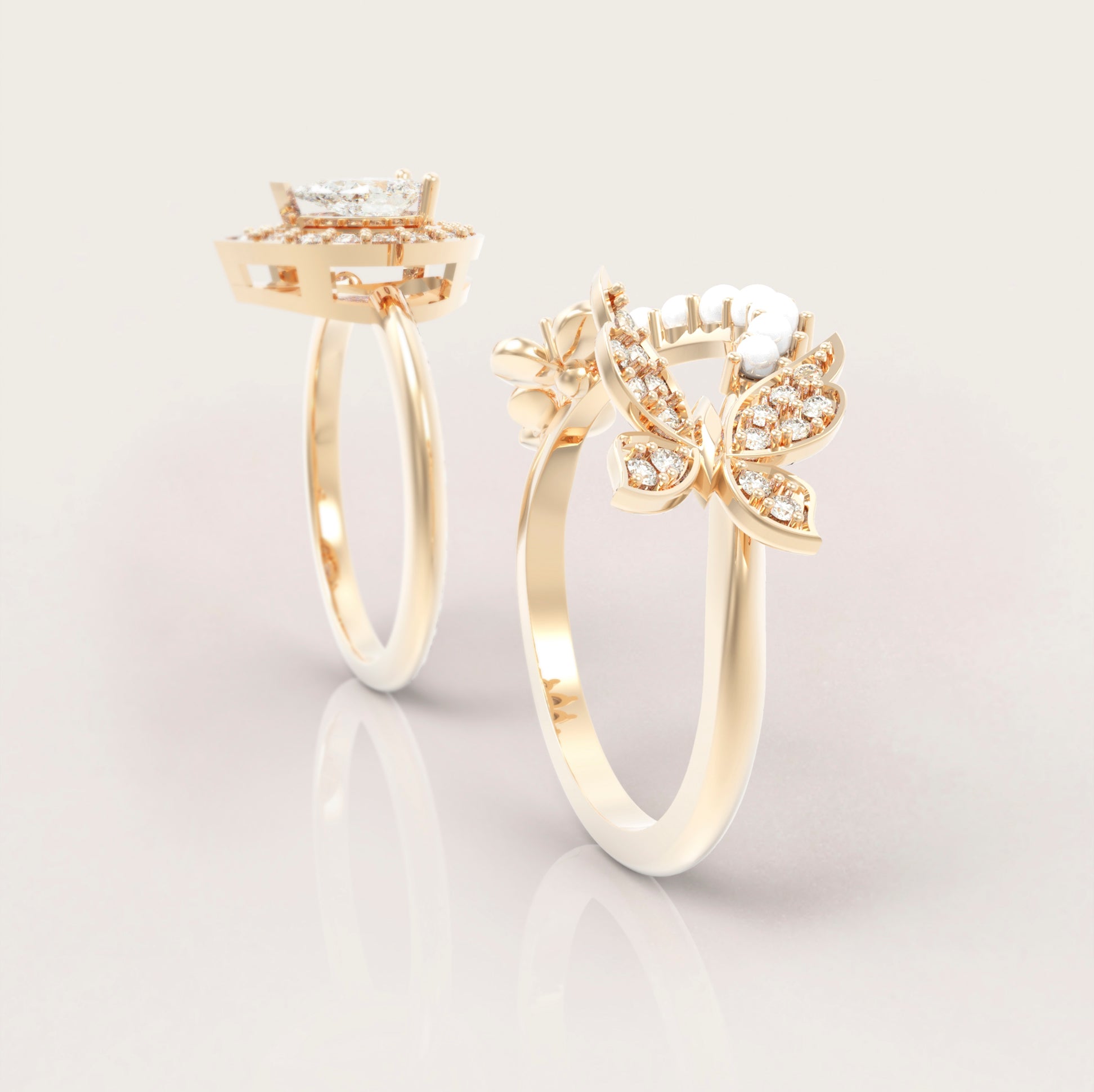 Unique Fancy Butterfly Engagement Ring Set No.2 in Yellow Gold - Diamond/Moissanite and Pearl - Roelavi