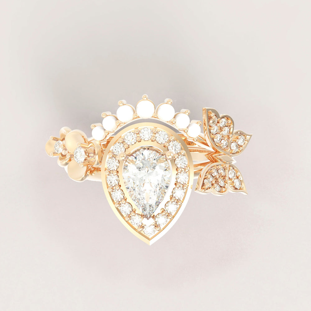 Unique Fancy Butterfly Engagement Ring Set No.2 in Yellow Gold - Diamond/Moissanite and Pearl