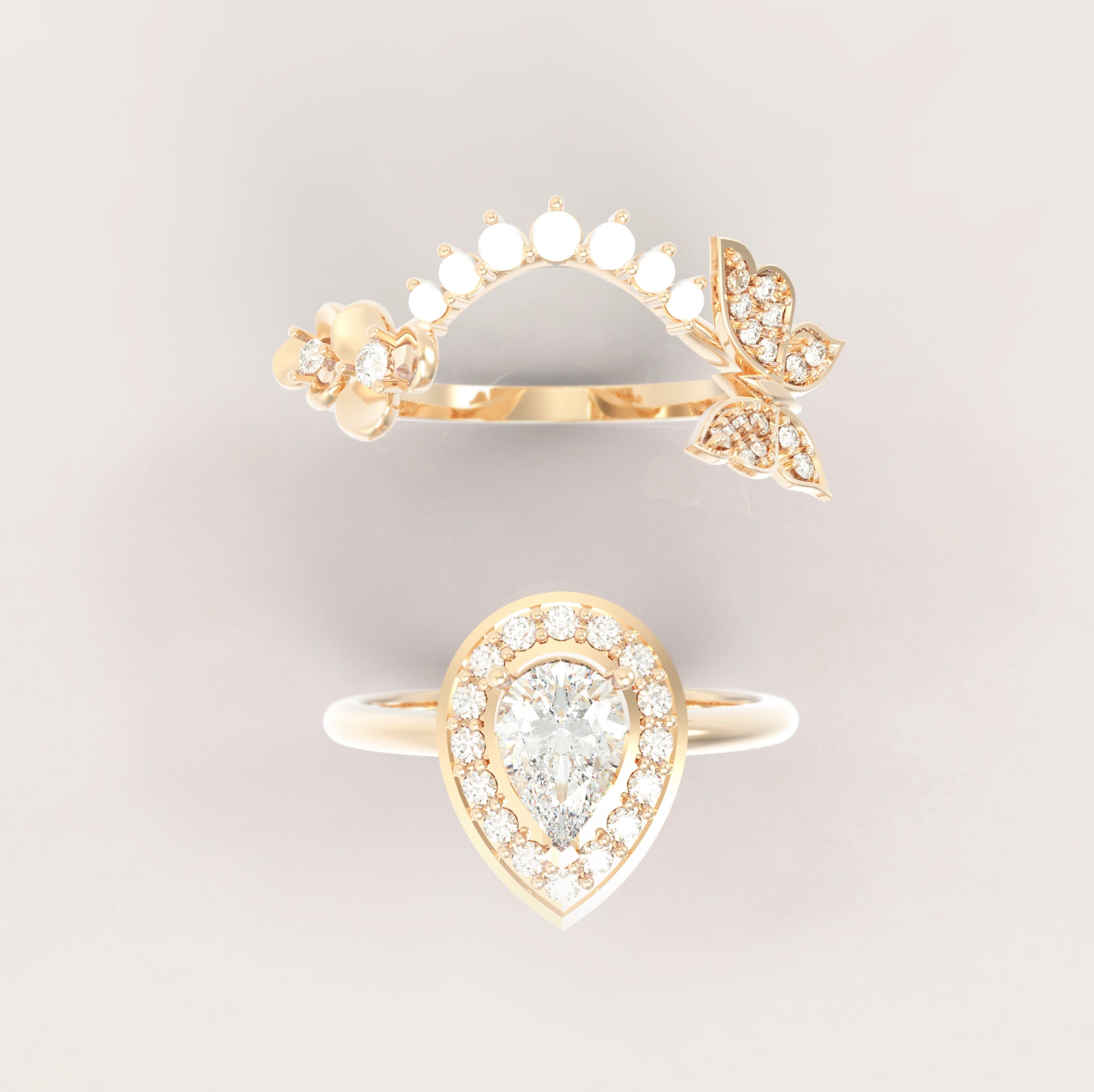Unique Fancy Butterfly Engagement Ring Set No.2 in Yellow Gold - Diamond/Moissanite and Pearl - Roelavi