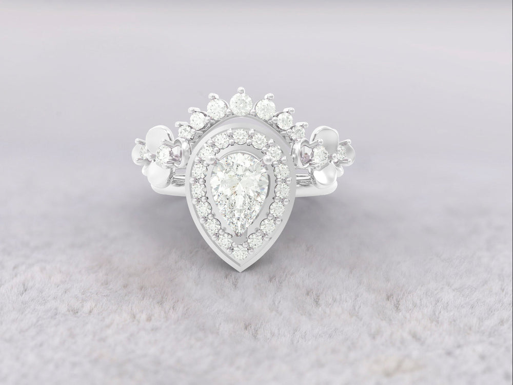 Unique Fancy Floral Tiara Ring Set No.73 in White Gold - Diamond/Moissanite