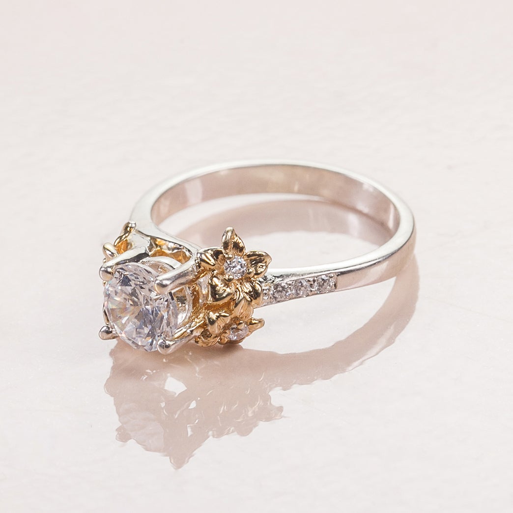Unique Flower Engagement Ring No. 1 Rose Band/Yellow Flower Gold - Morganite and Sapphire - Roelavi