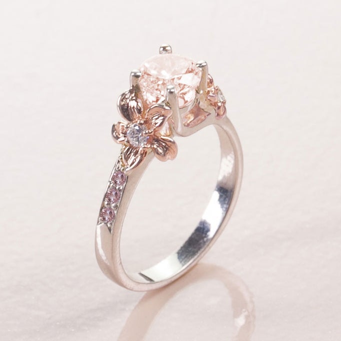 Unique Flower Engagement Ring No. 1 Rose Band/Yellow Flower Gold - Morganite and Sapphire - Roelavi