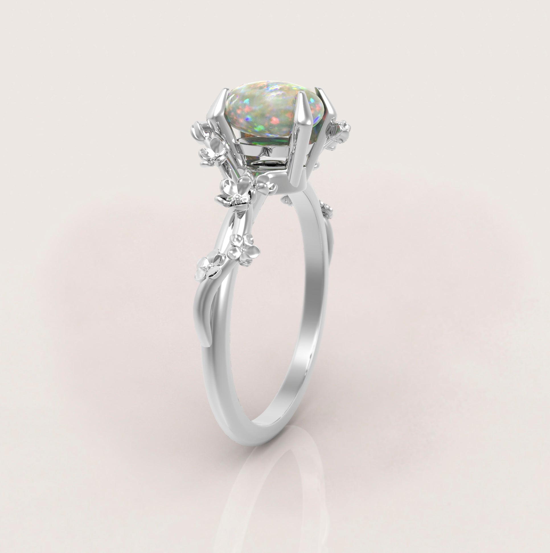 Unique Flowers Engagement Ring No.6 in White Gold - Opal - Roelavi