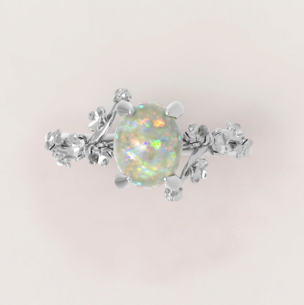 Unique Flowers Engagement Ring No.6 in White Gold - Opal - Roelavi