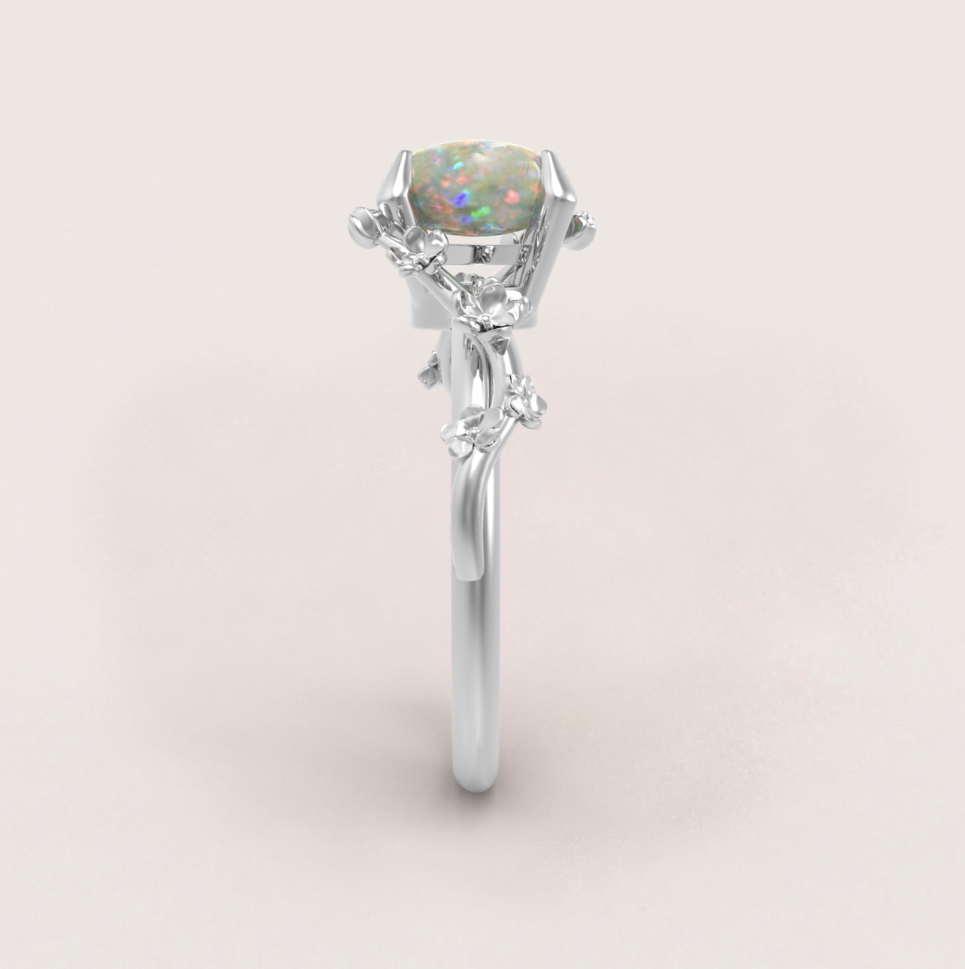 Unique Flowers Engagement Ring No.6 in White Gold - Opal - Roelavi