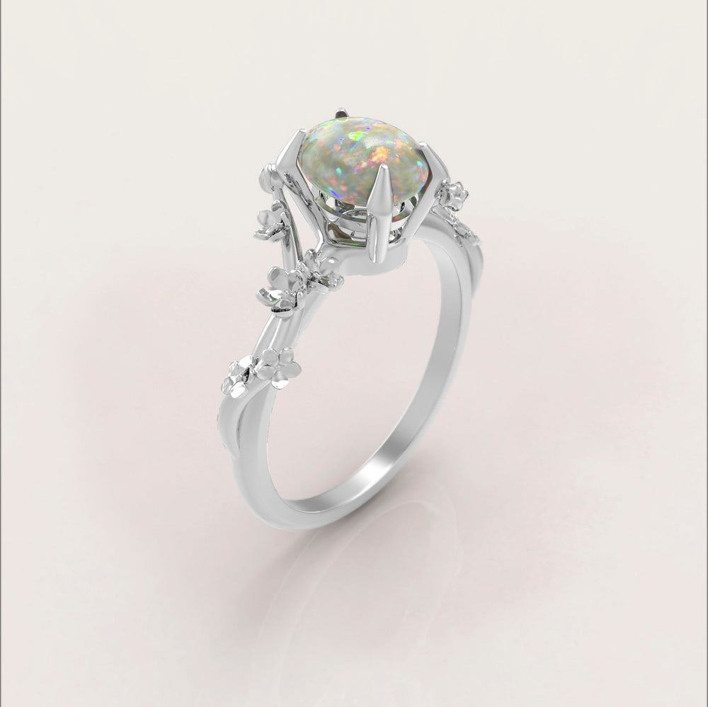 Unique Flowers Engagement Ring No.6 in White Gold - Opal - Roelavi