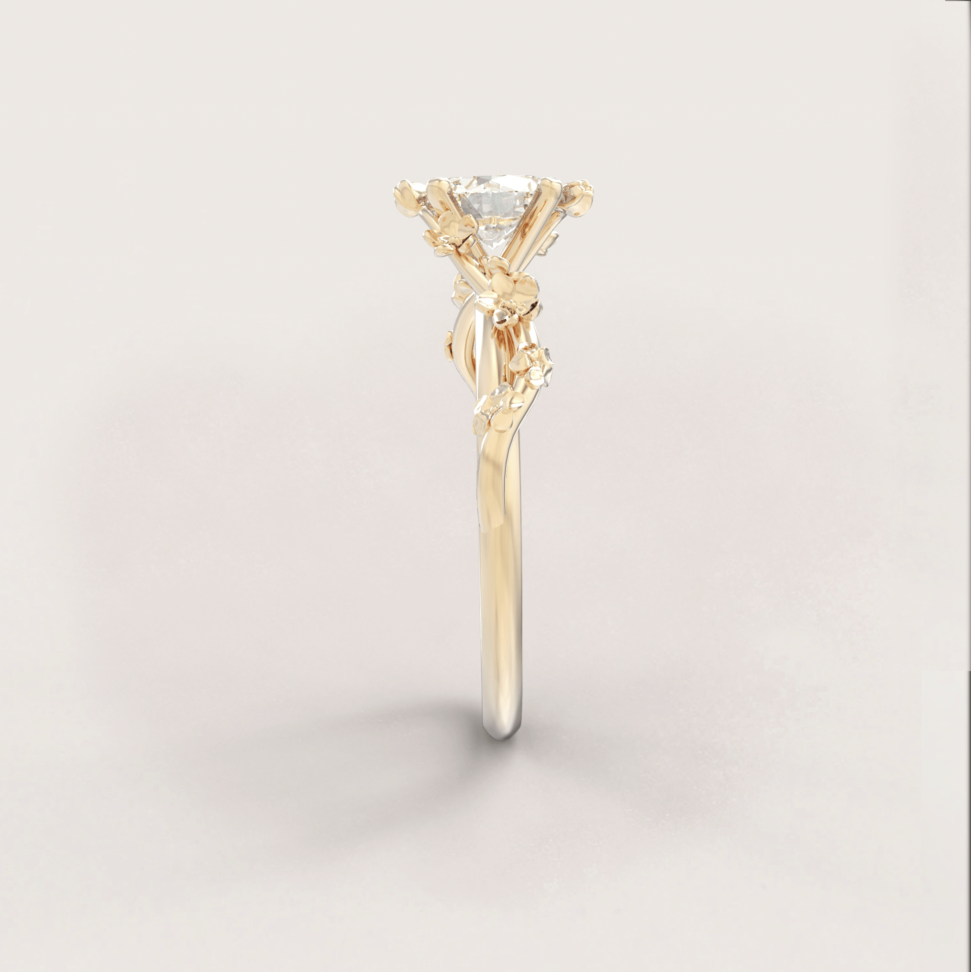 Unique Flowers Engagement Ring No.6 in Yellow Gold - Moissanite/Diamond - Roelavi