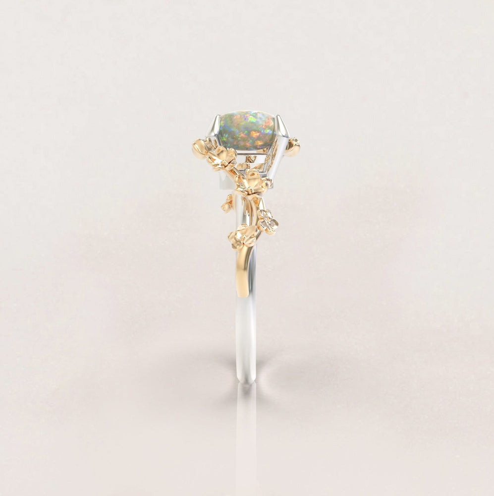 Unique Flowers Engagement Ring No.6 Version 2 in White Band/Yellow Flowers Gold - Opal - Roelavi