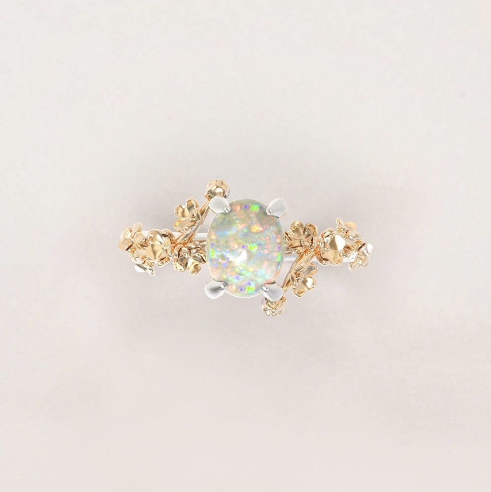 Unique Flowers Engagement Ring No.6 Version 2 in White Band/Yellow Flowers Gold - Opal - Roelavi