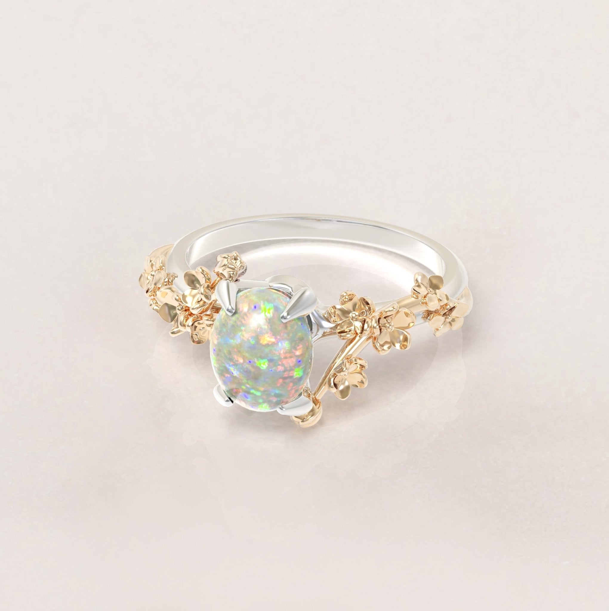 Unique Flowers Engagement Ring No.6 Version 2 in White Band/Yellow Flowers Gold - Opal - Roelavi