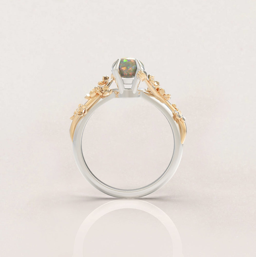 Unique Flowers Engagement Ring No.6 Version 2 in White Band/Yellow Flowers Gold - Opal - Roelavi