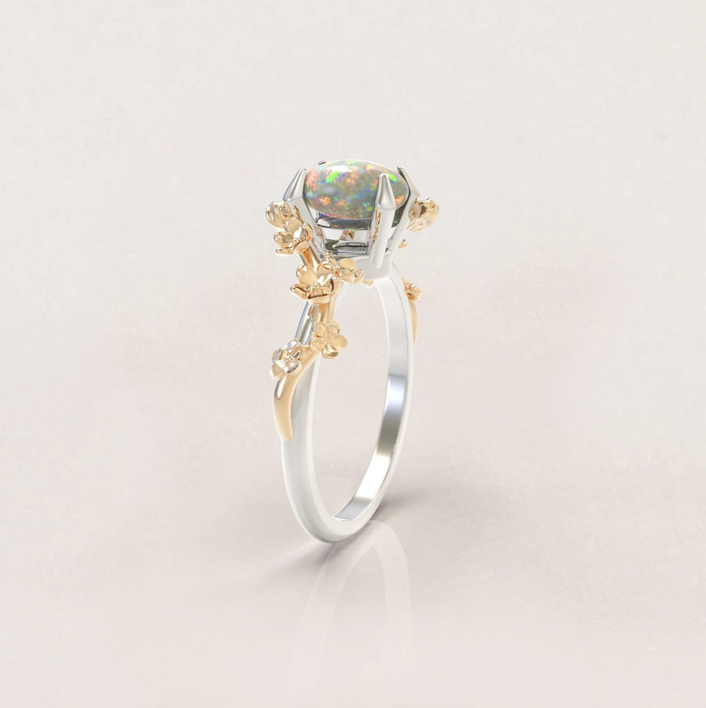 Unique Flowers Engagement Ring No.6 Version 2 in White Band/Yellow Flowers Gold - Opal - Roelavi