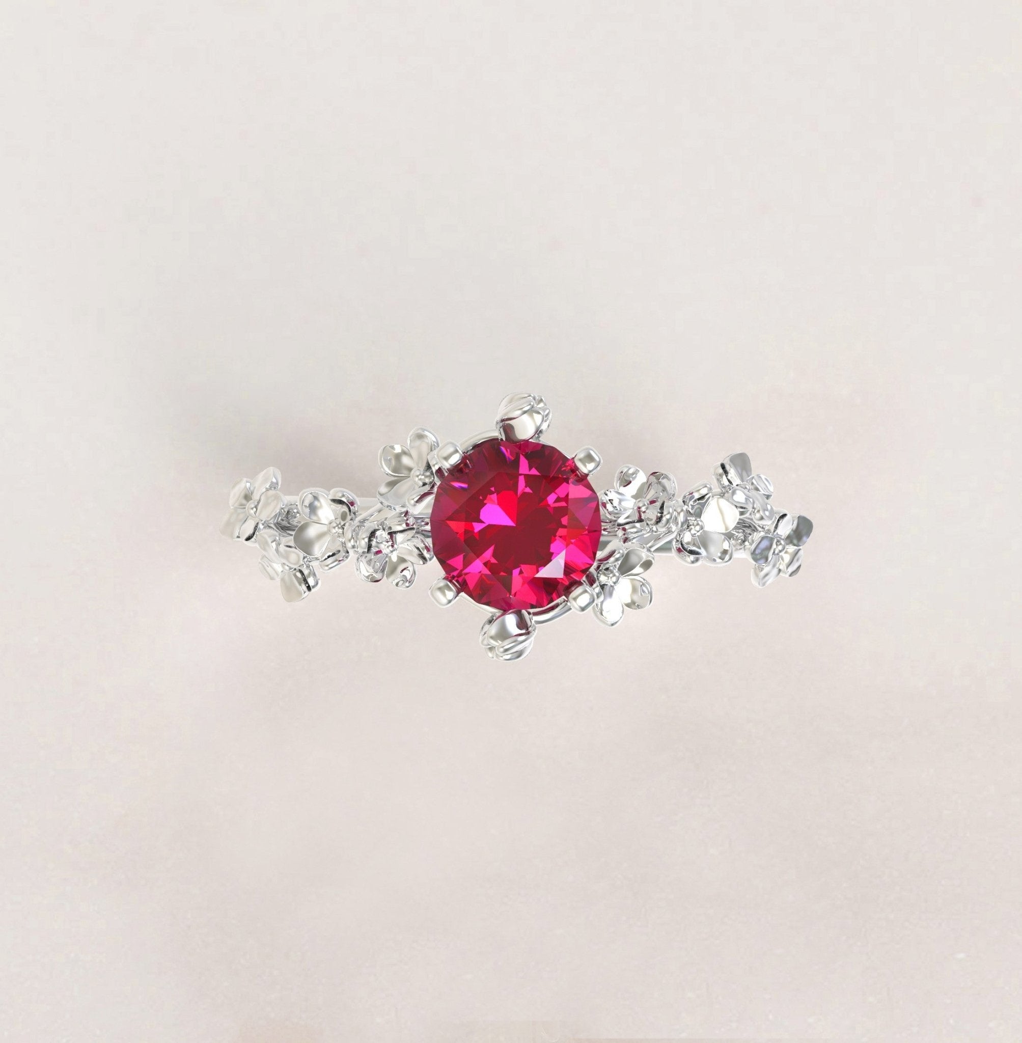 Unique Flowers Engagement Ring No.6 Version 2 in White Gold - Red Ruby - Roelavi