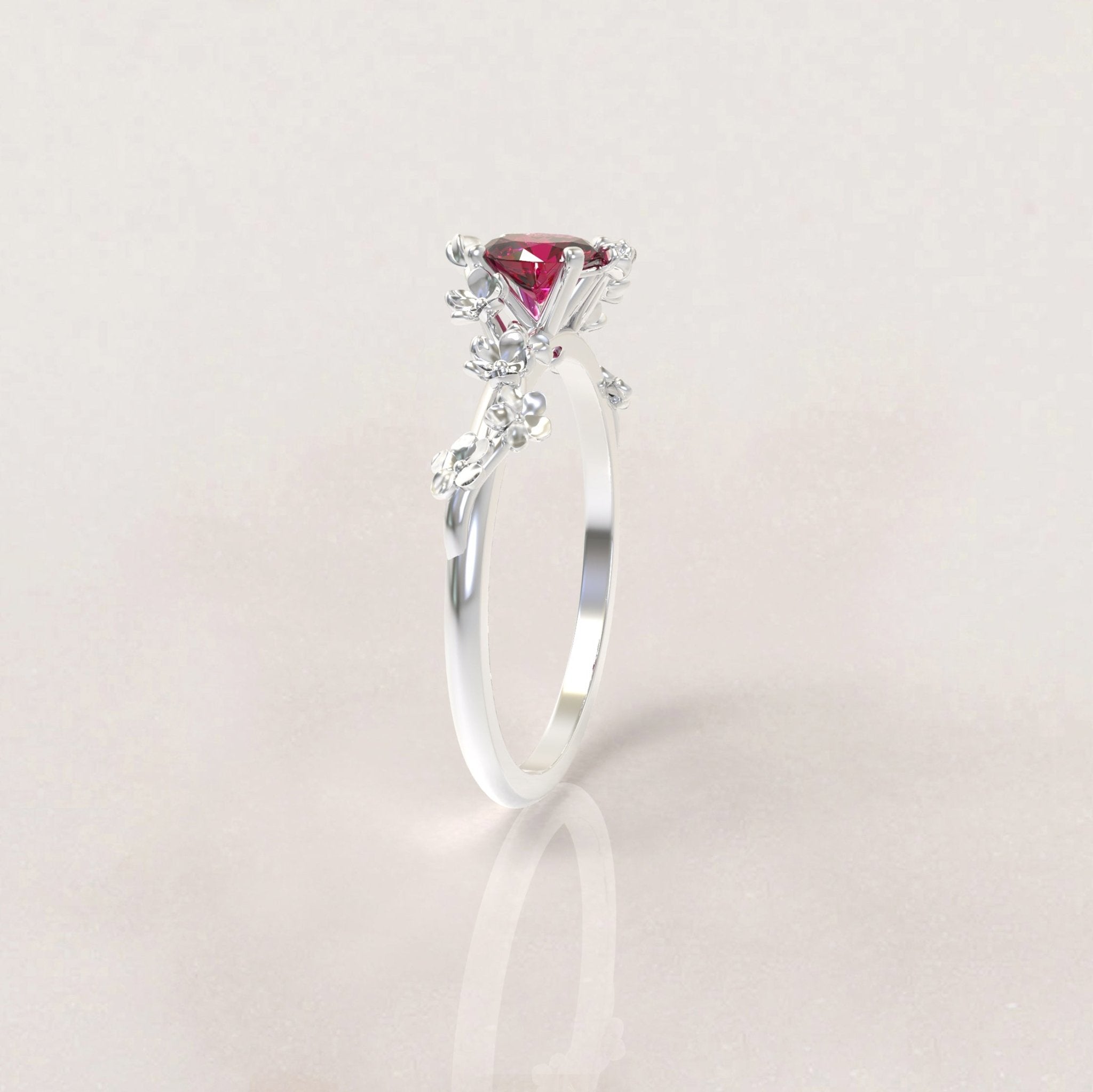 Unique Flowers Engagement Ring No.6 Version 2 in White Gold - Red Ruby - Roelavi
