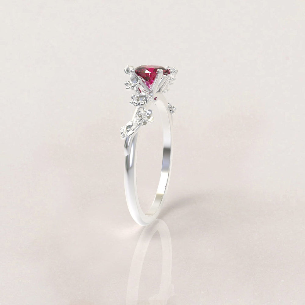 Unique Flowers Engagement Ring No.6 Version 2 in White Gold - Red Ruby
