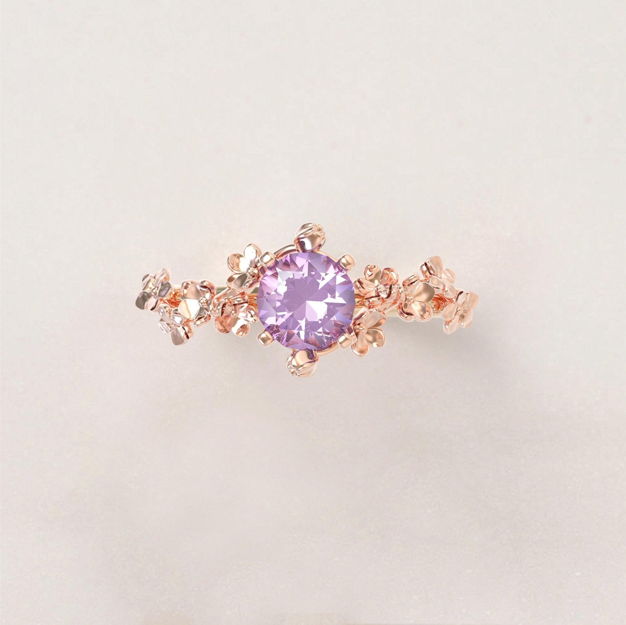 Unique Flowers Engagement Ring No.6 Version 2 in Yellow Band/Rose Flowers Gold - Amethyst - Roelavi