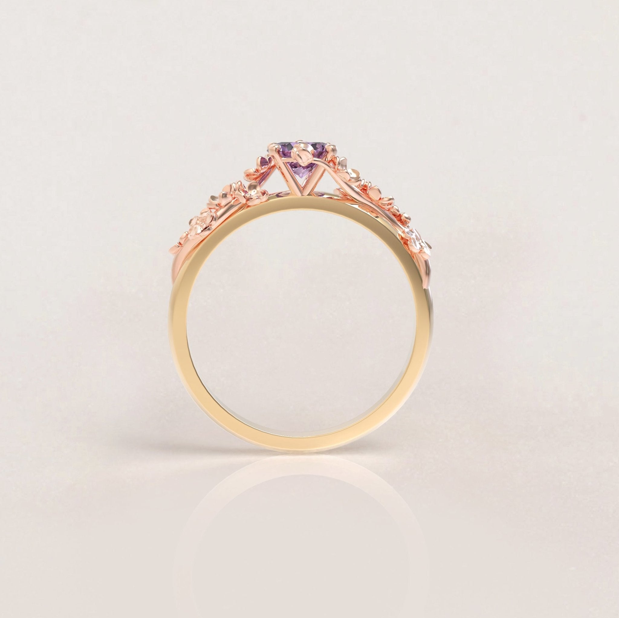 Unique Flowers Engagement Ring No.6 Version 2 in Yellow Band/Rose Flowers Gold - Amethyst - Roelavi