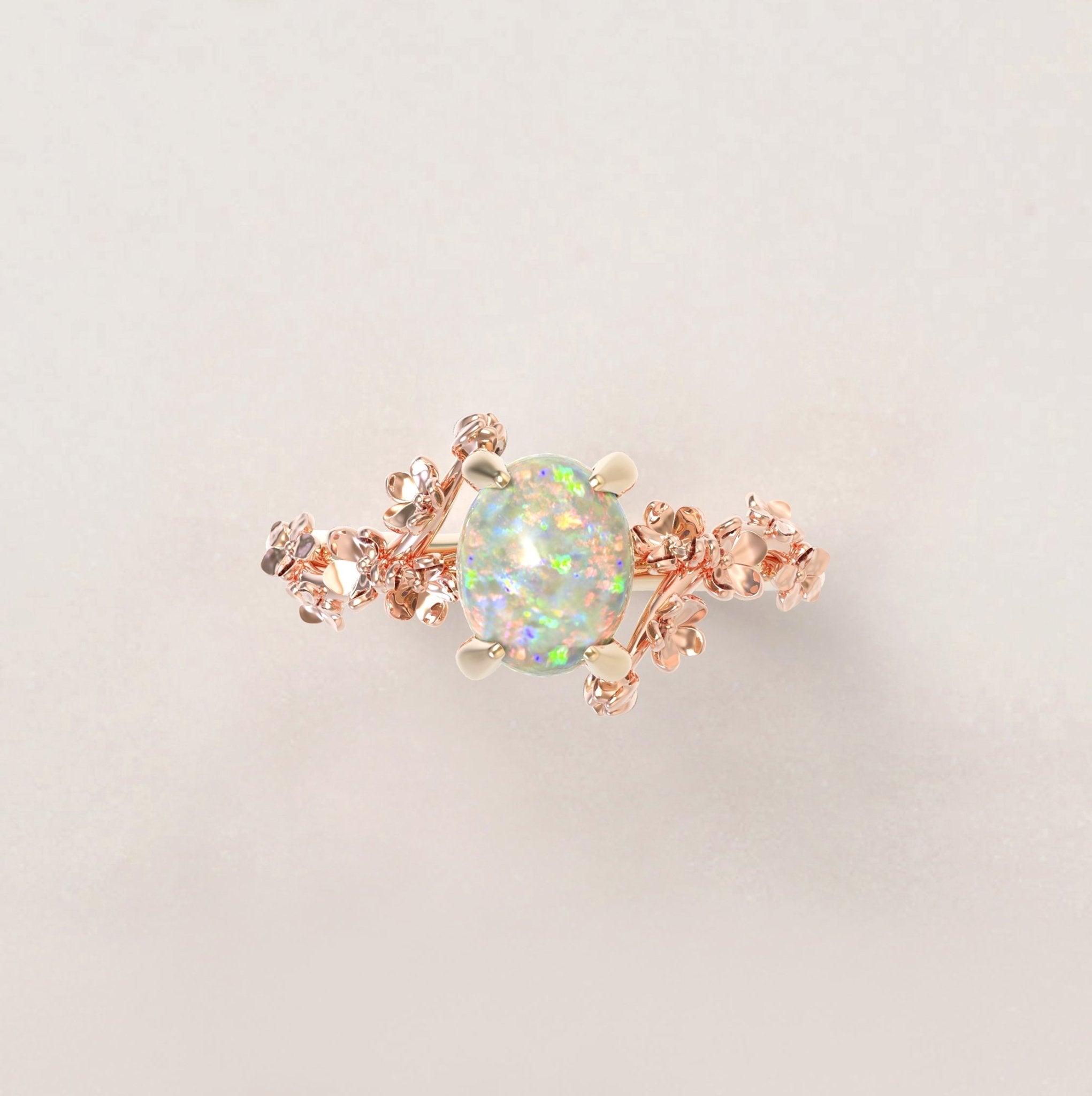 Unique Flowers Engagement Ring No.6 Version 2 in Yellow Band/Rose Flowers Gold - Opal - Roelavi