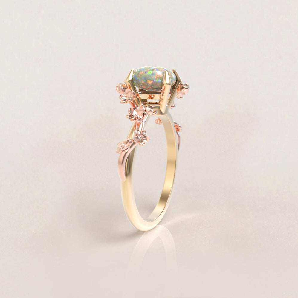 Unique Flowers Engagement Ring No.6 Version 2 in Yellow Band/Rose Flowers Gold - Opal - Roelavi