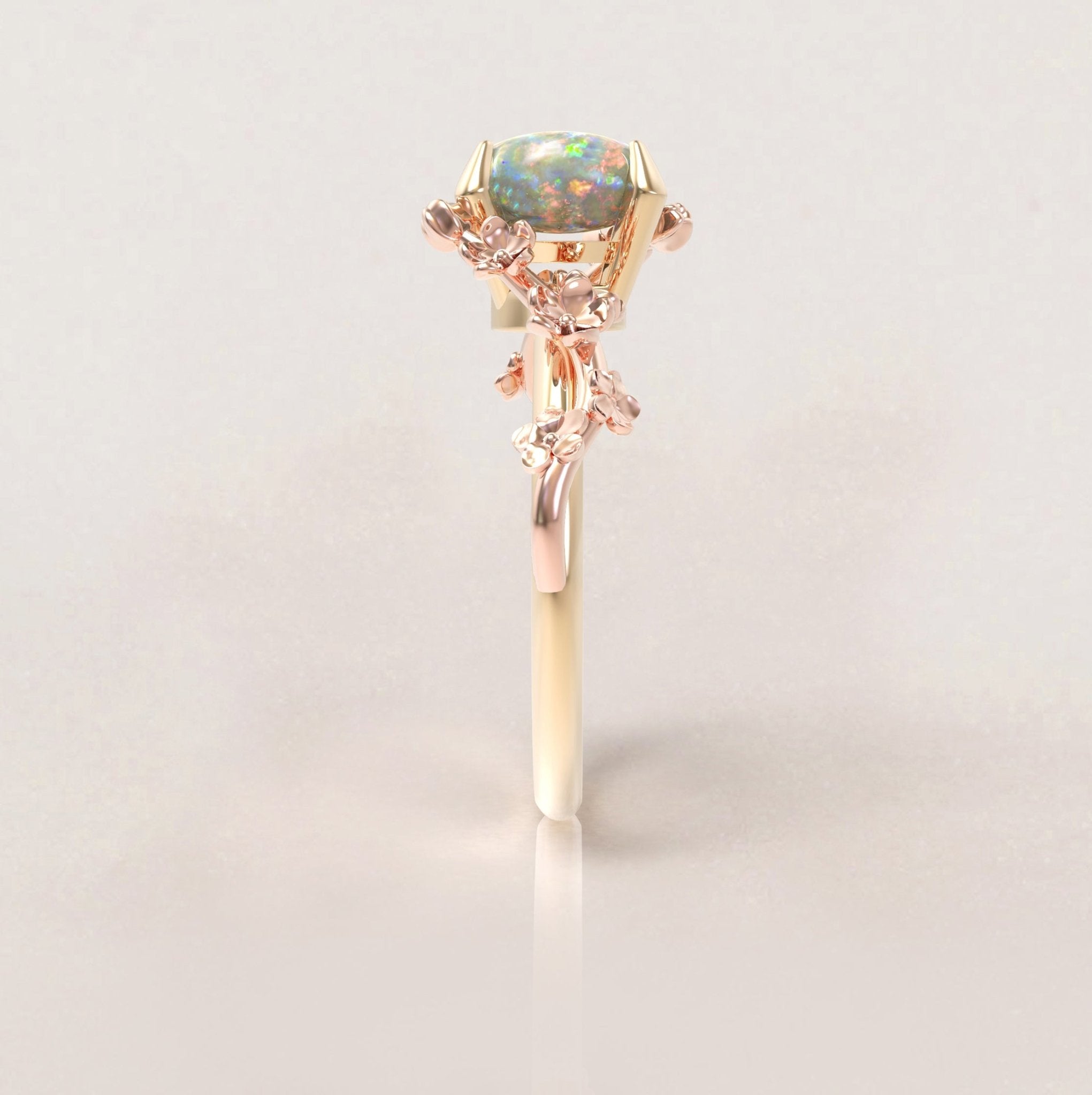 Unique Flowers Engagement Ring No.6 Version 2 in Yellow Band/Rose Flowers Gold - Opal - Roelavi