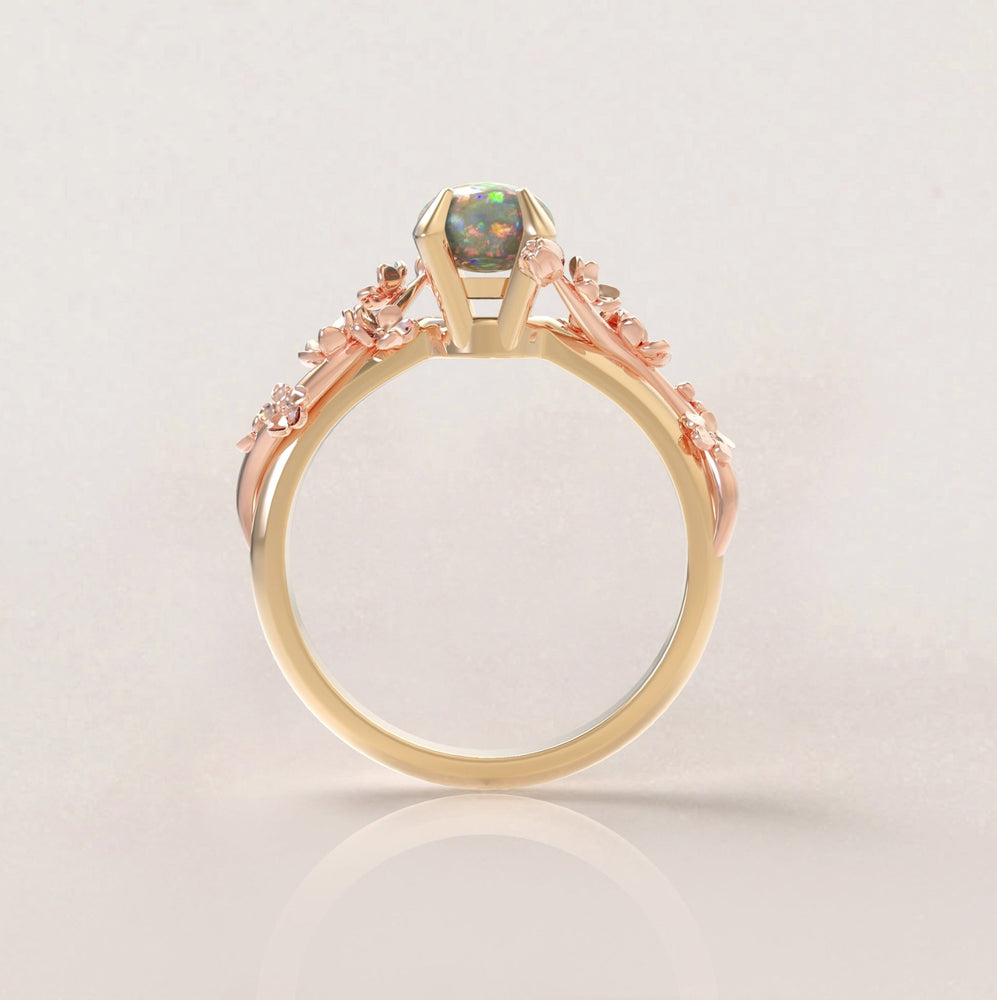 Unique Flowers Engagement Ring No.6 Version 2 in Yellow Band/Rose Flowers Gold - Opal - Roelavi