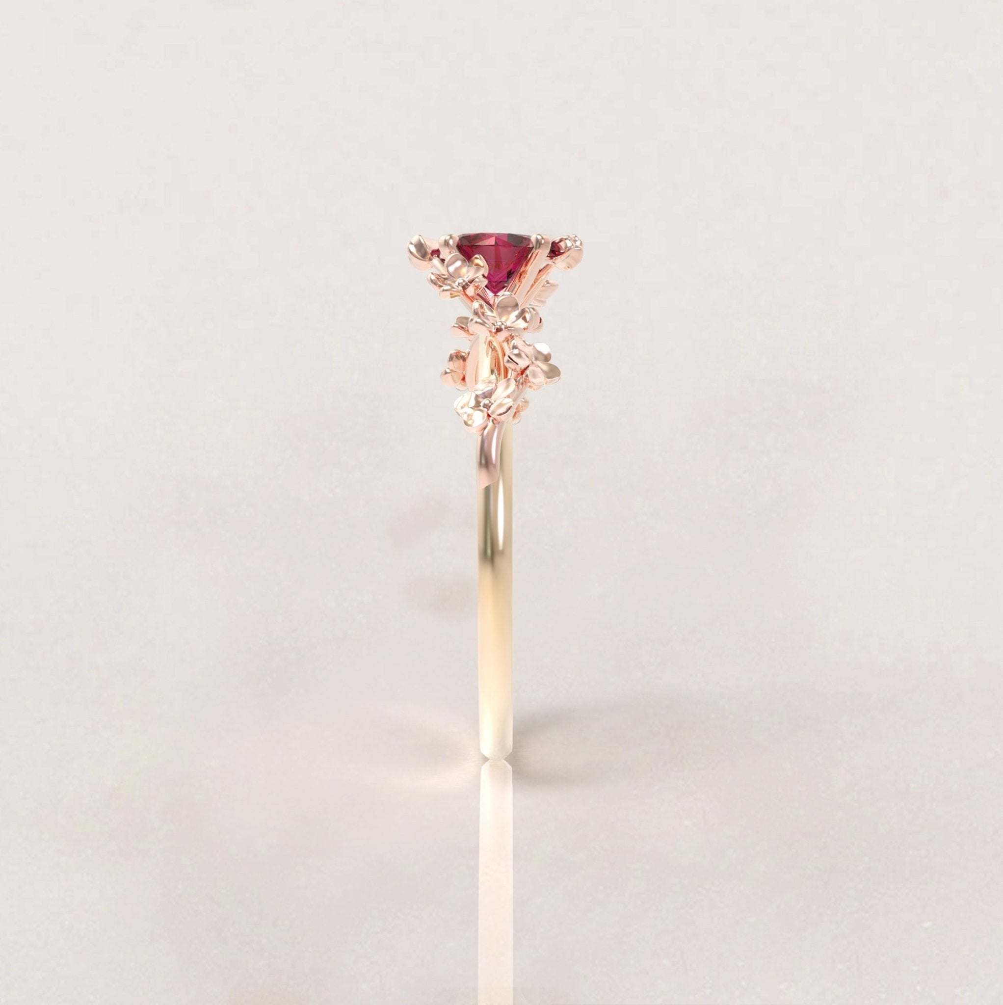 Unique Flowers Engagement Ring No.6 Version 2 in Yellow Band/Rose Flowers Gold - Red Ruby - Roelavi