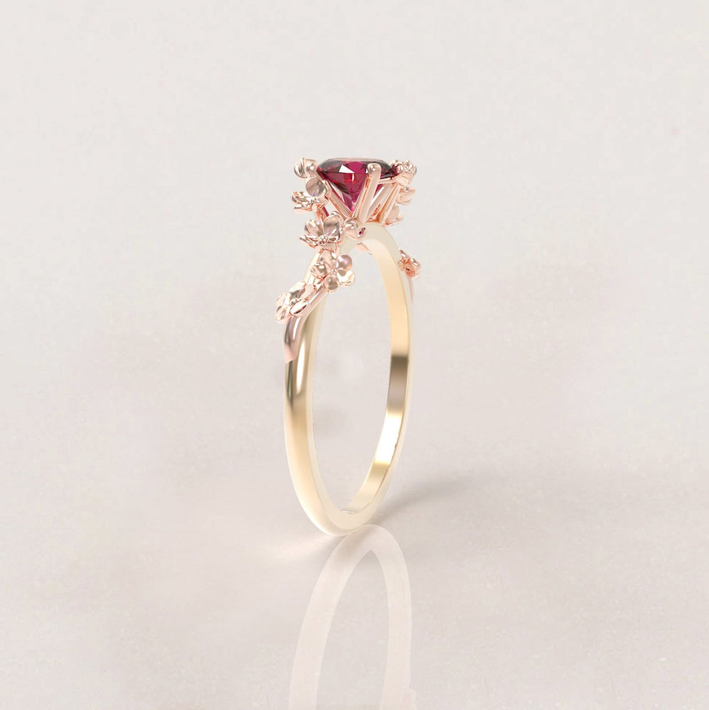 Unique Flowers Engagement Ring No.6 Version 2 in Yellow Band/Rose Flowers Gold - Red Ruby