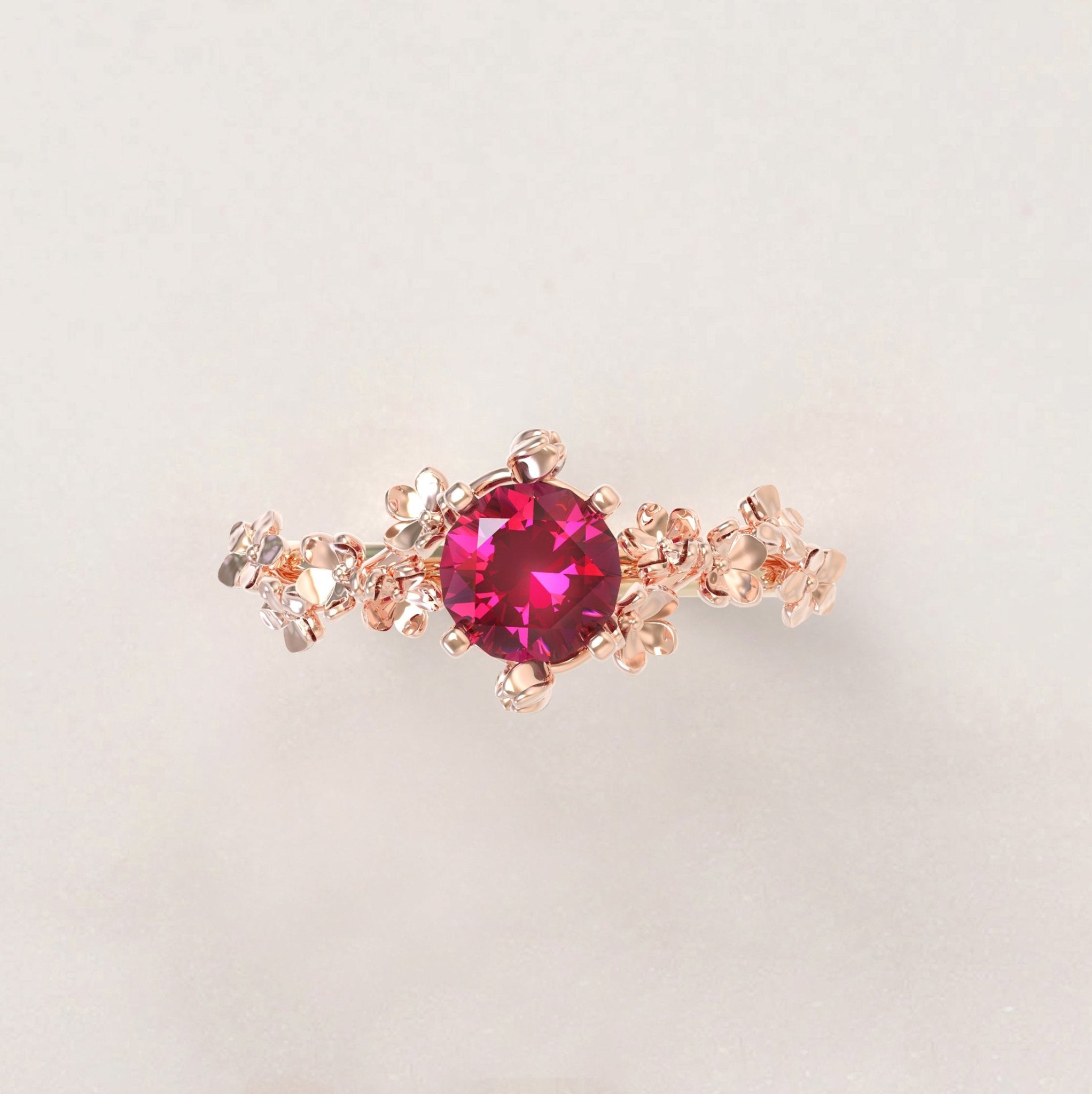 Unique Flowers Engagement Ring No.6 Version 2 in Yellow Band/Rose Flowers Gold - Red Ruby - Roelavi