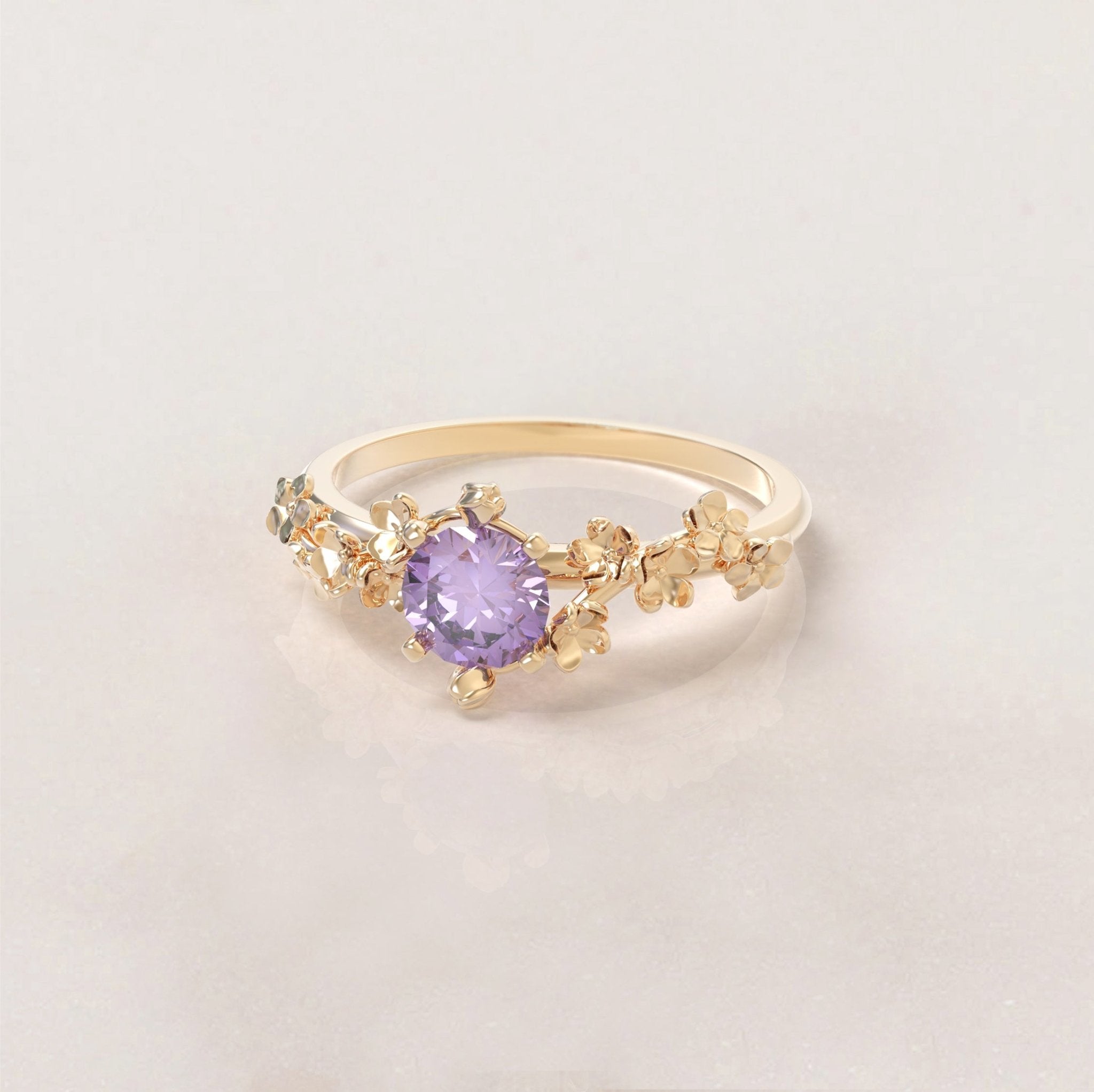 Unique Flowers Engagement Ring No.6 Version 2 in Yellow Gold - Amethyst - Roelavi