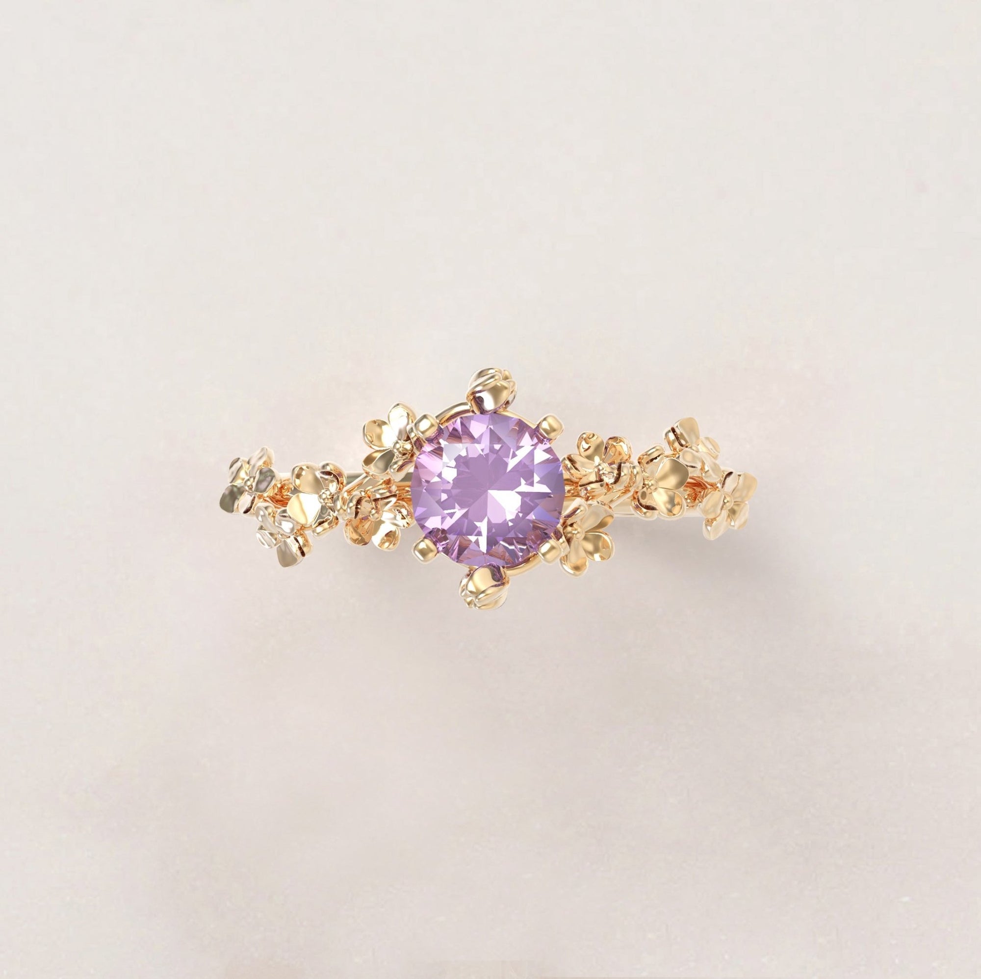 Flowers Rng Unique Flowers Engagement Ring No.6 Version 2 in Yellow Gold - Amethys