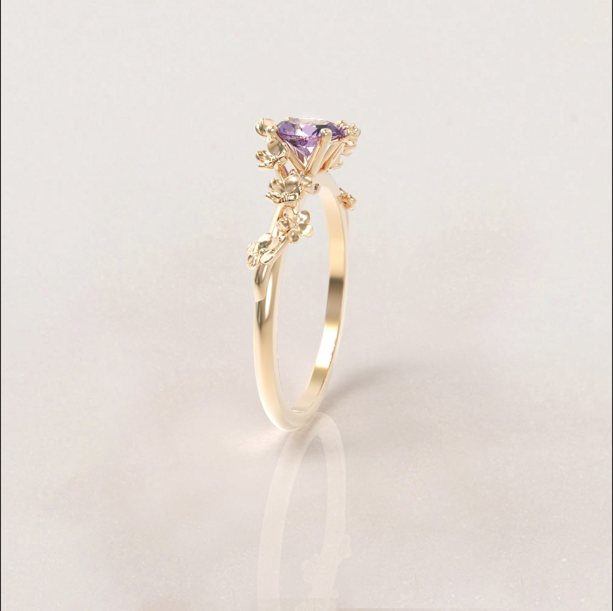 Unique Flowers Engagement Ring No.6 Version 2 in Yellow Gold - Amethyst - Roelavi