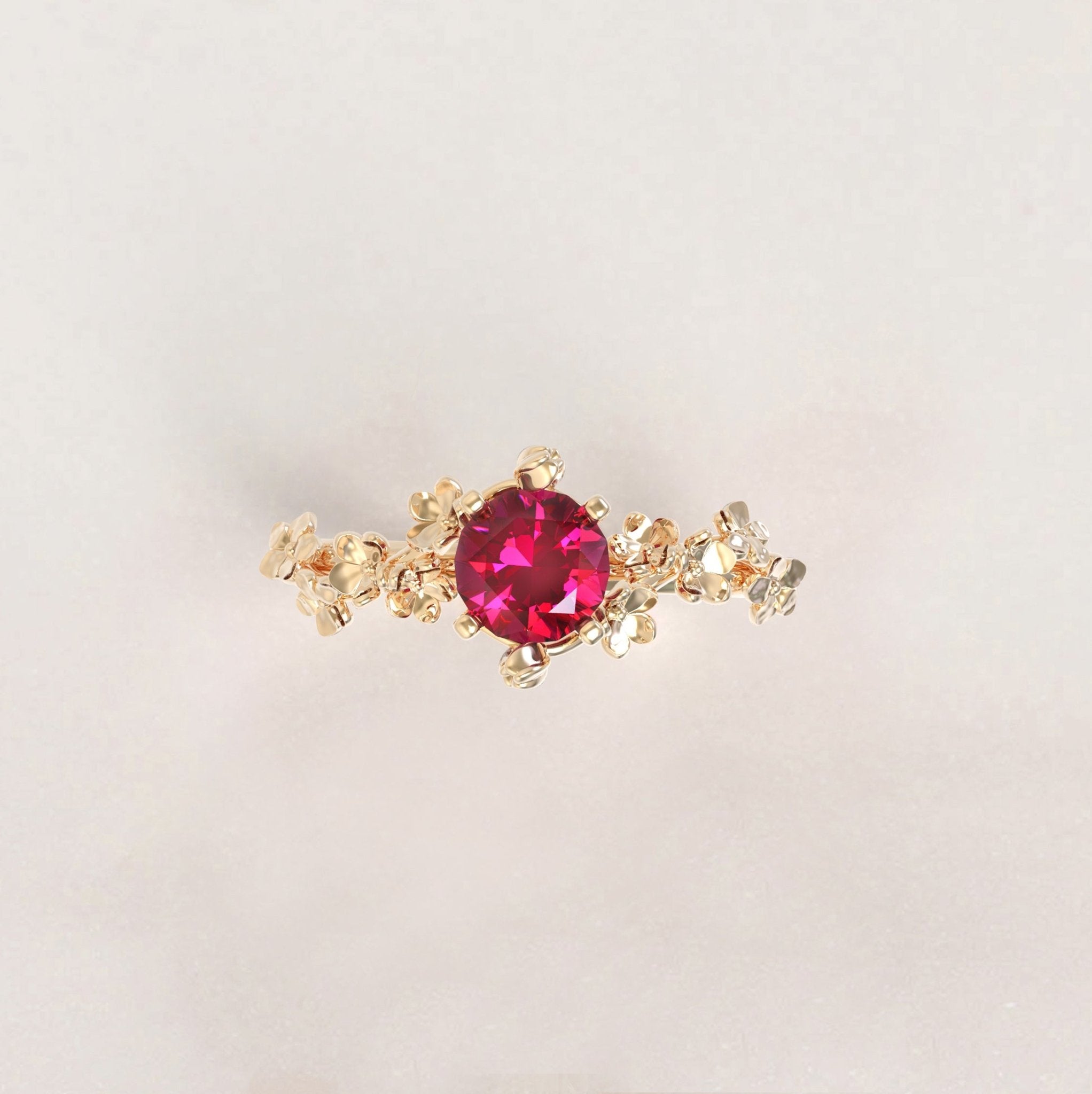 Unique Flowers Engagement Ring No.6 Version 2 in Yellow Gold - Red Ruby - Roelavi