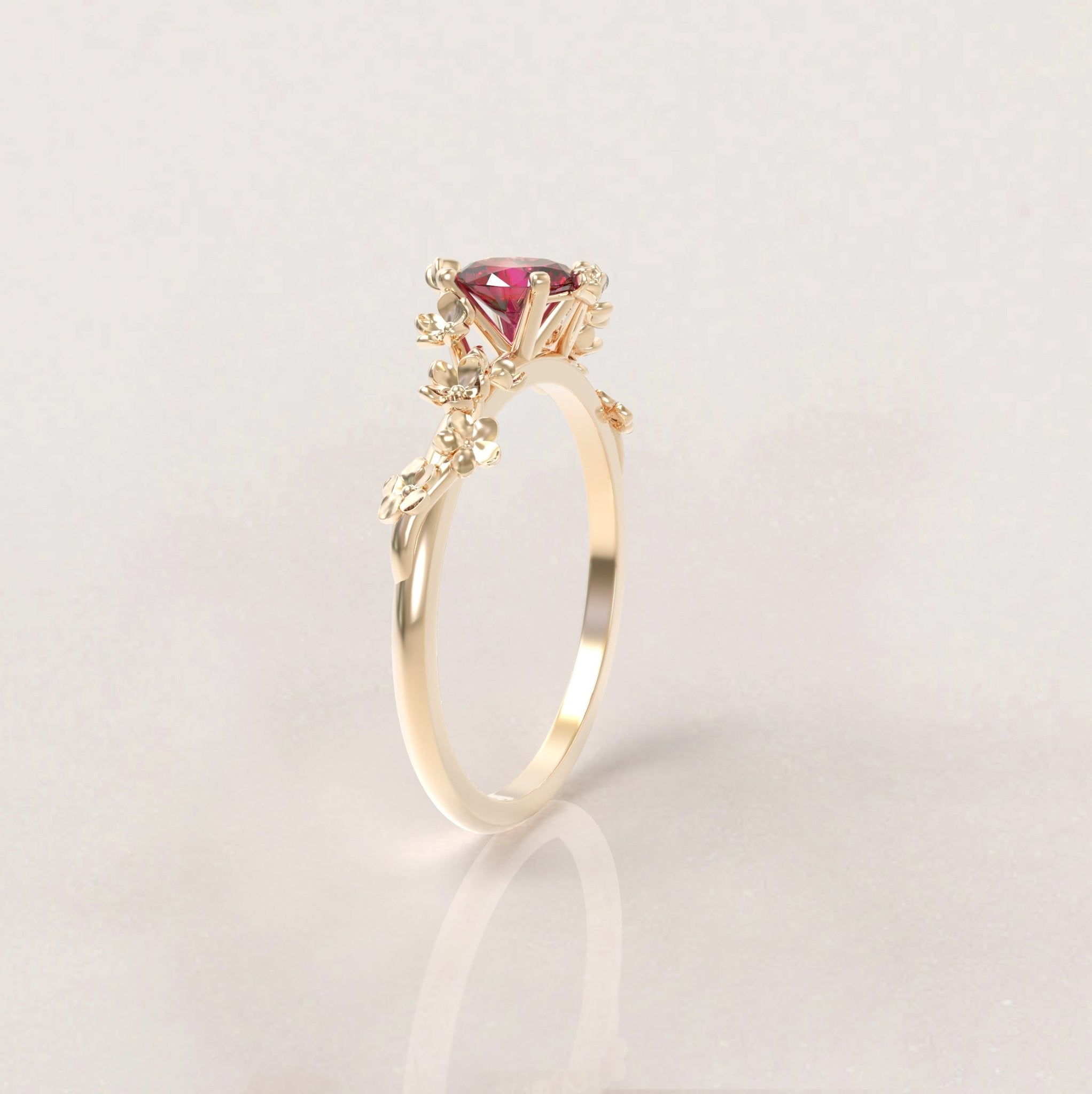 Unique Flowers Engagement Ring No.6 Version 2 in Yellow Gold - Red Ruby - Roelavi