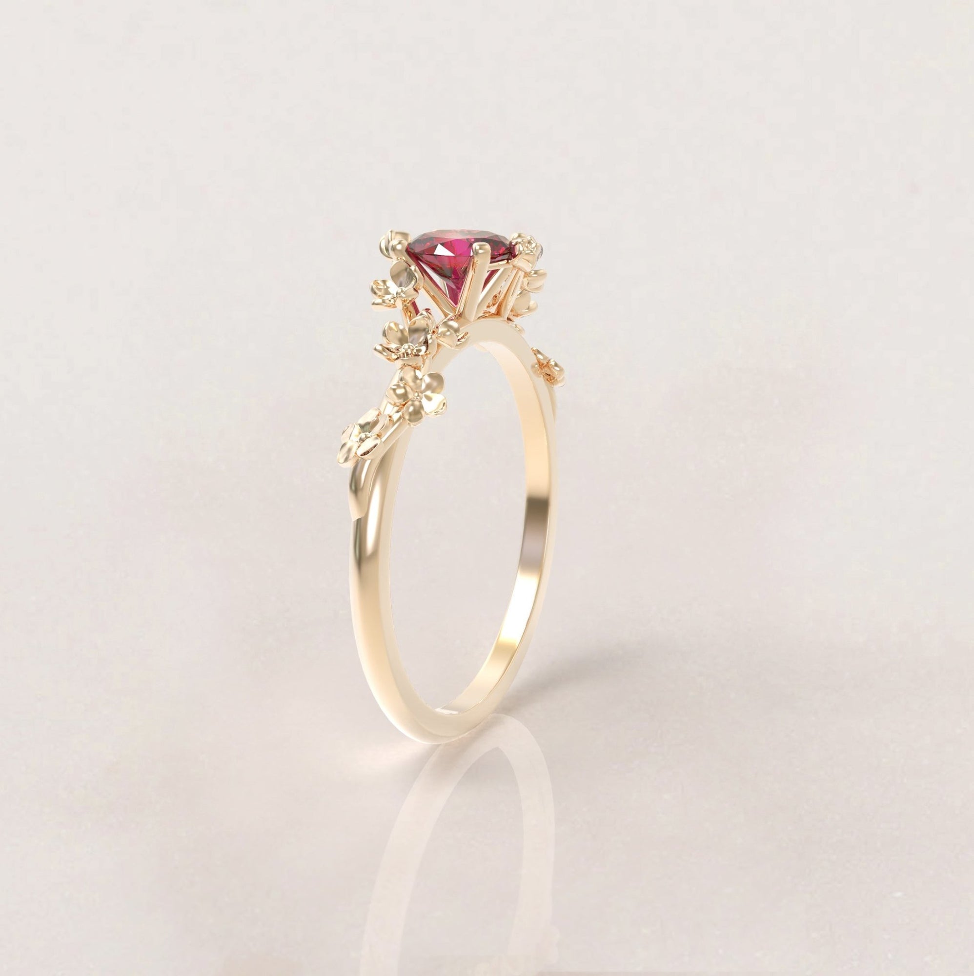 Unique Flower Rings Unique Flowers Engagement Ring No.6 Version 2 in Yellow Gold - Red Rub