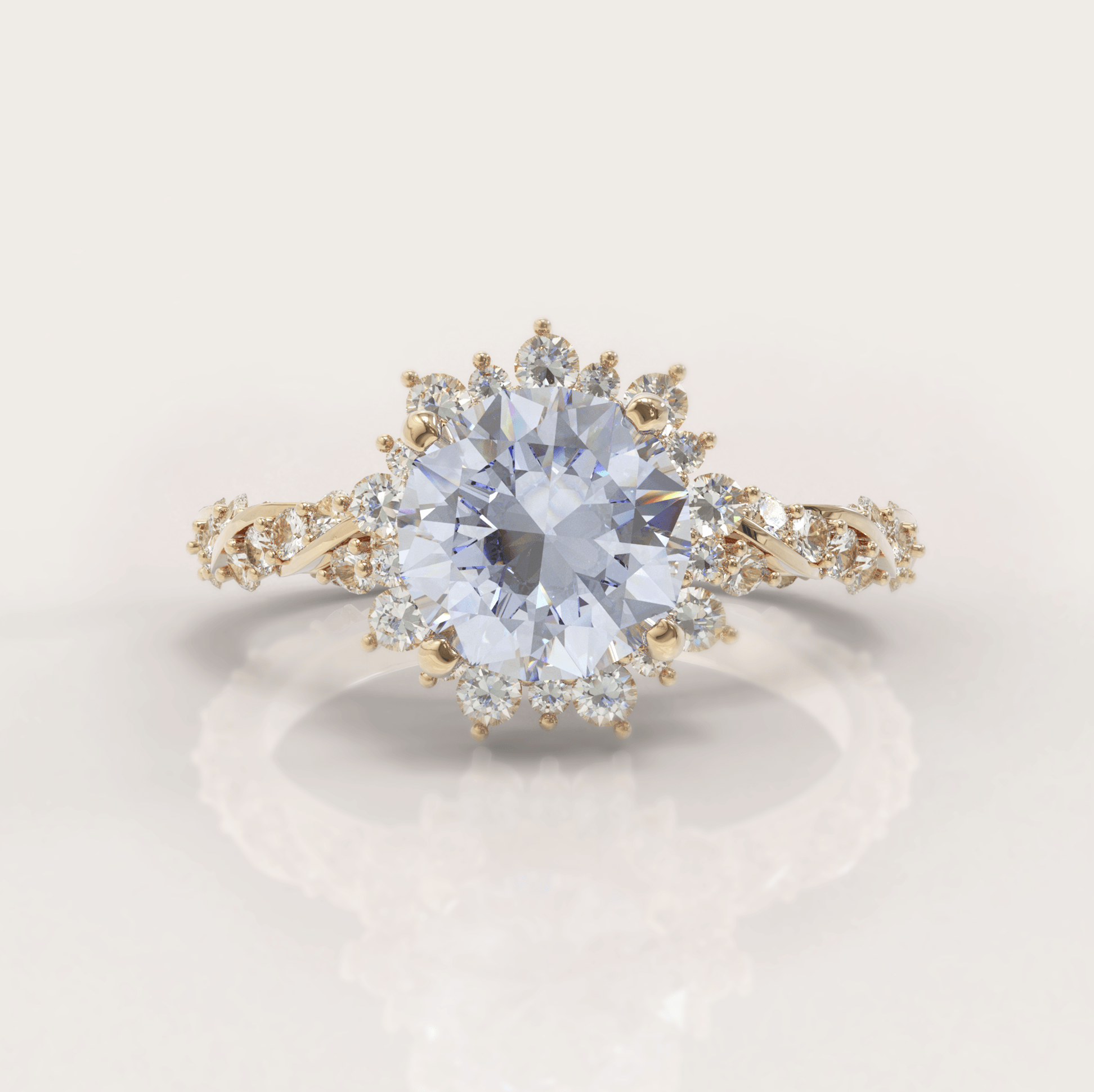 Unique Halo Snowflake Engagement Ring No.23 in Yellow Gold - Aquamarine and Topaz - Roelavi