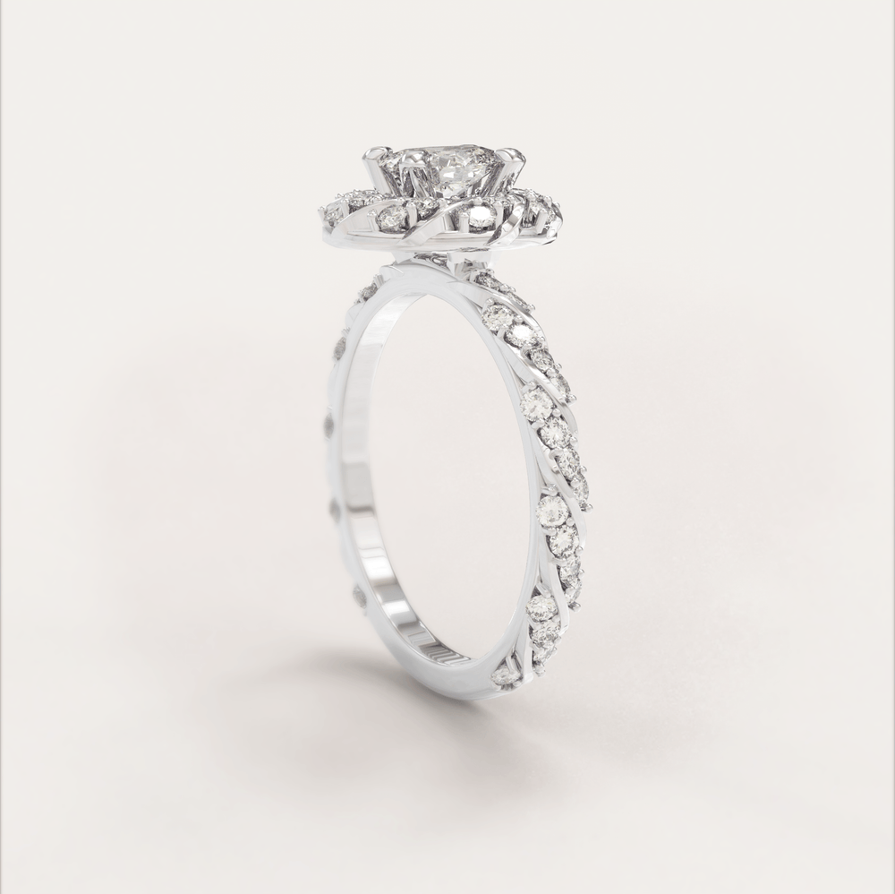 Unique Halo Snowy Princess Engagement Ring No.22 in White Gold - Moissanite/Diamond with CZ - Roelavi